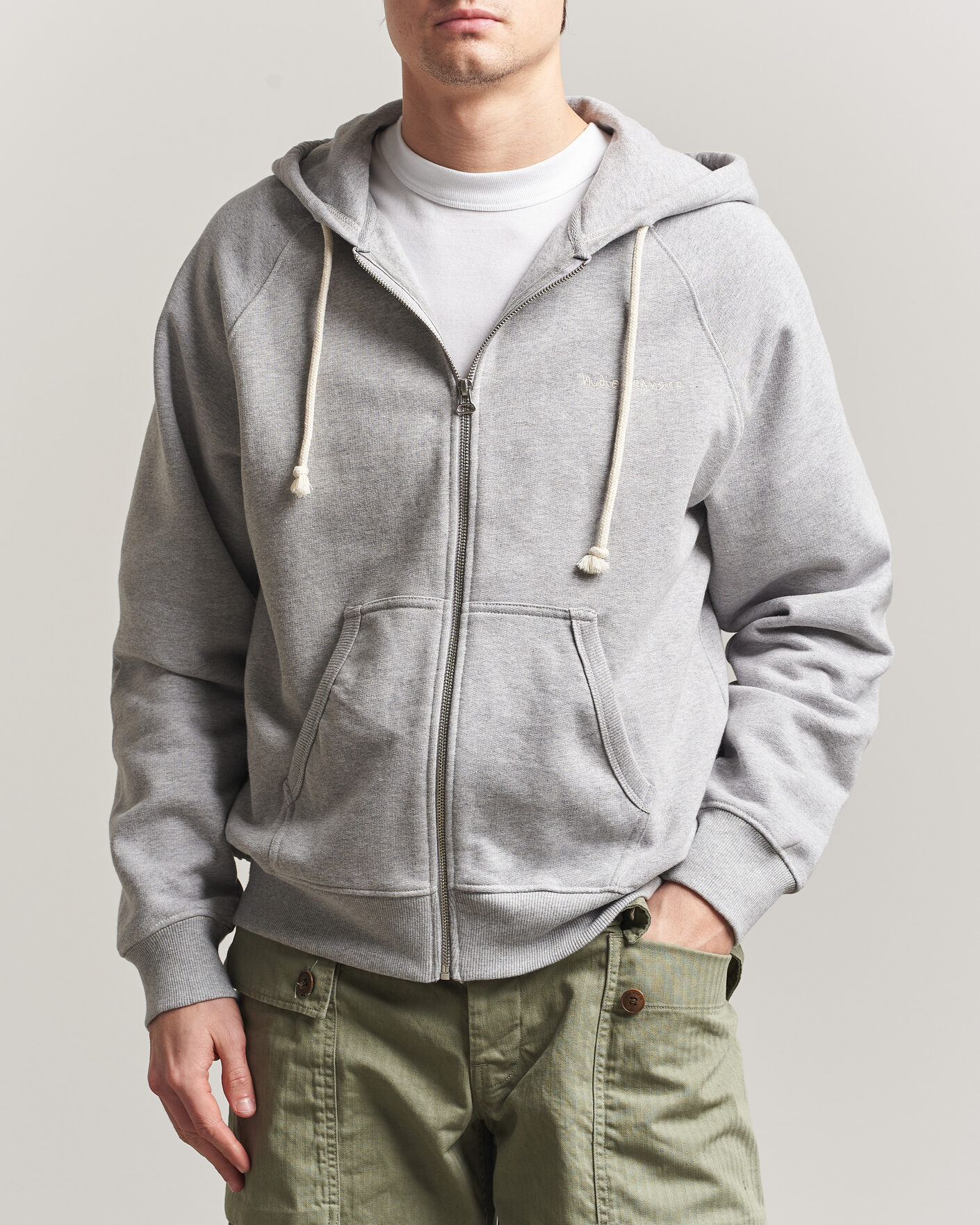Herre | Gensere | Nudie Jeans | Gunde Logo Full Zip Hoodie Grey Melange
