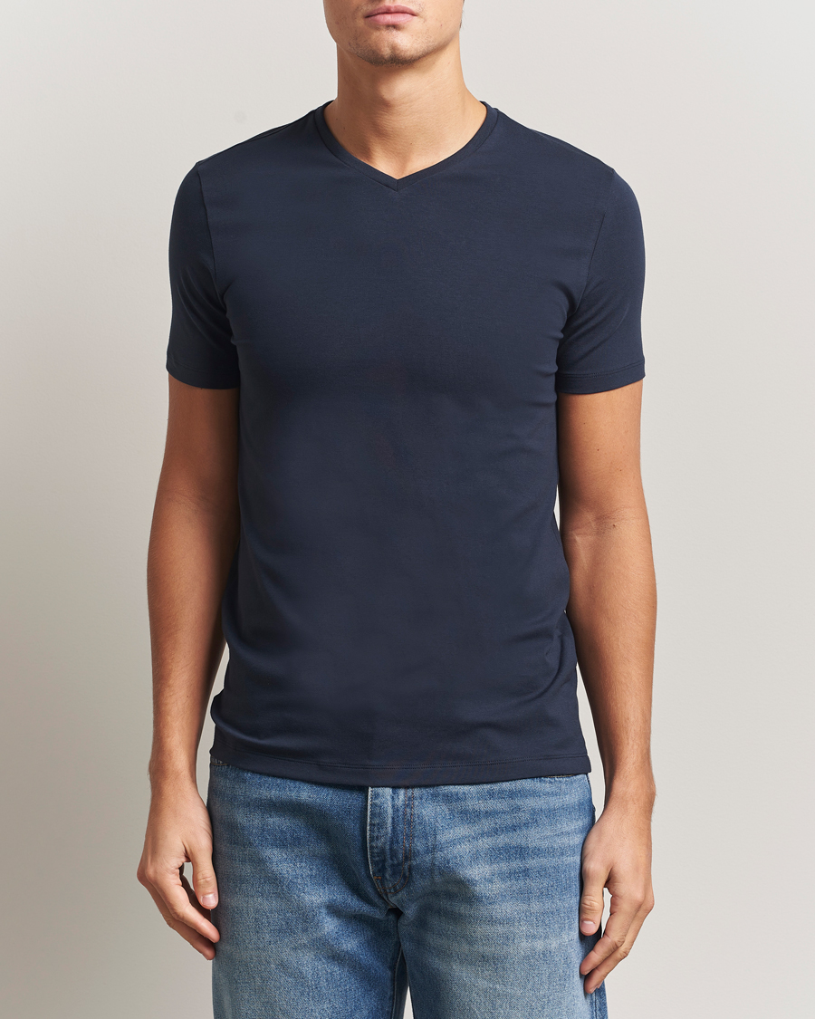 Herre | T-Shirts | Falke | 2-Pack Cotton V-Neck T-Shirt Midnight