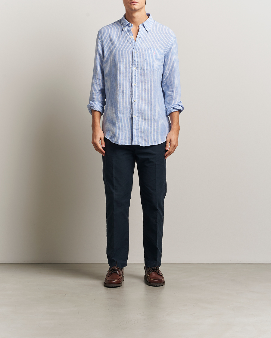 Herre | Skjorter | Polo Ralph Lauren | Custom Fit Linen Striped Shirt Light Blue/White