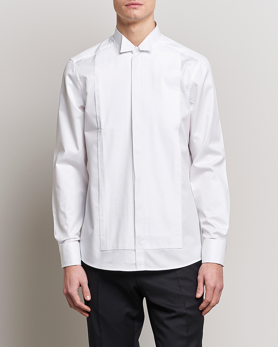 Herre | Skjorter | Stenströms | Slimline Stand Up Collar Plissè Shirt White