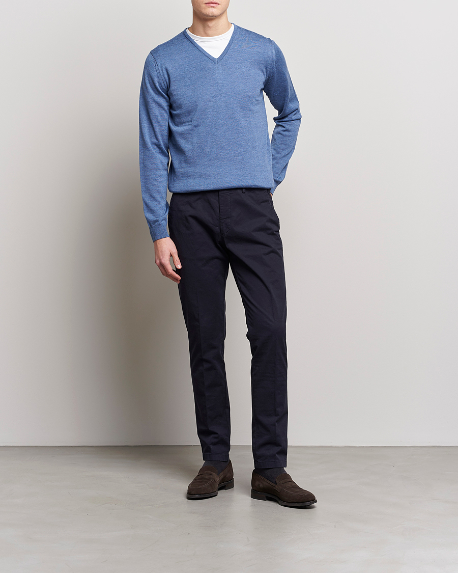 Herre | Gensere | Stenströms | Merino Patch V-Neck Light Blue/Blue