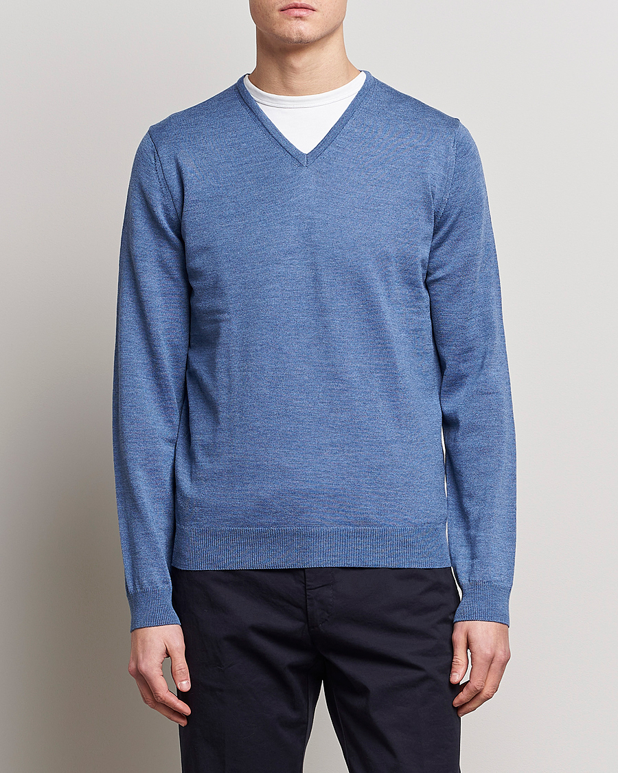 Herre | Gensere | Stenströms | Merino Patch V-Neck Light Blue/Blue