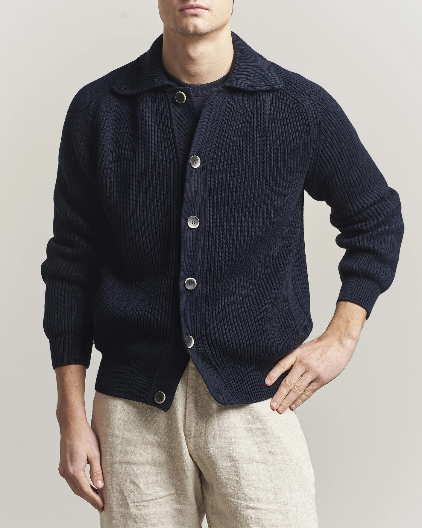 Herre | Gensere | Altea | Cotton Rib Cardigan Jacket Navy