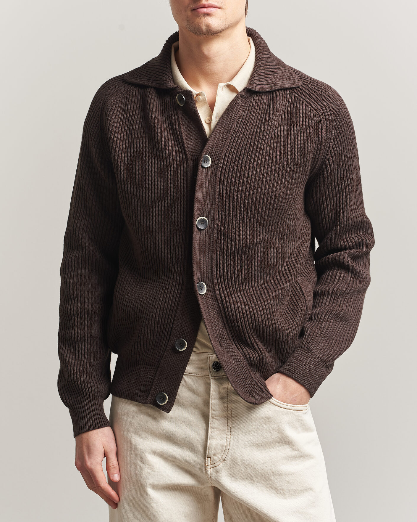 Herre | Gensere | Altea | Cotton Rib Cardigan Jacket Dark Brown