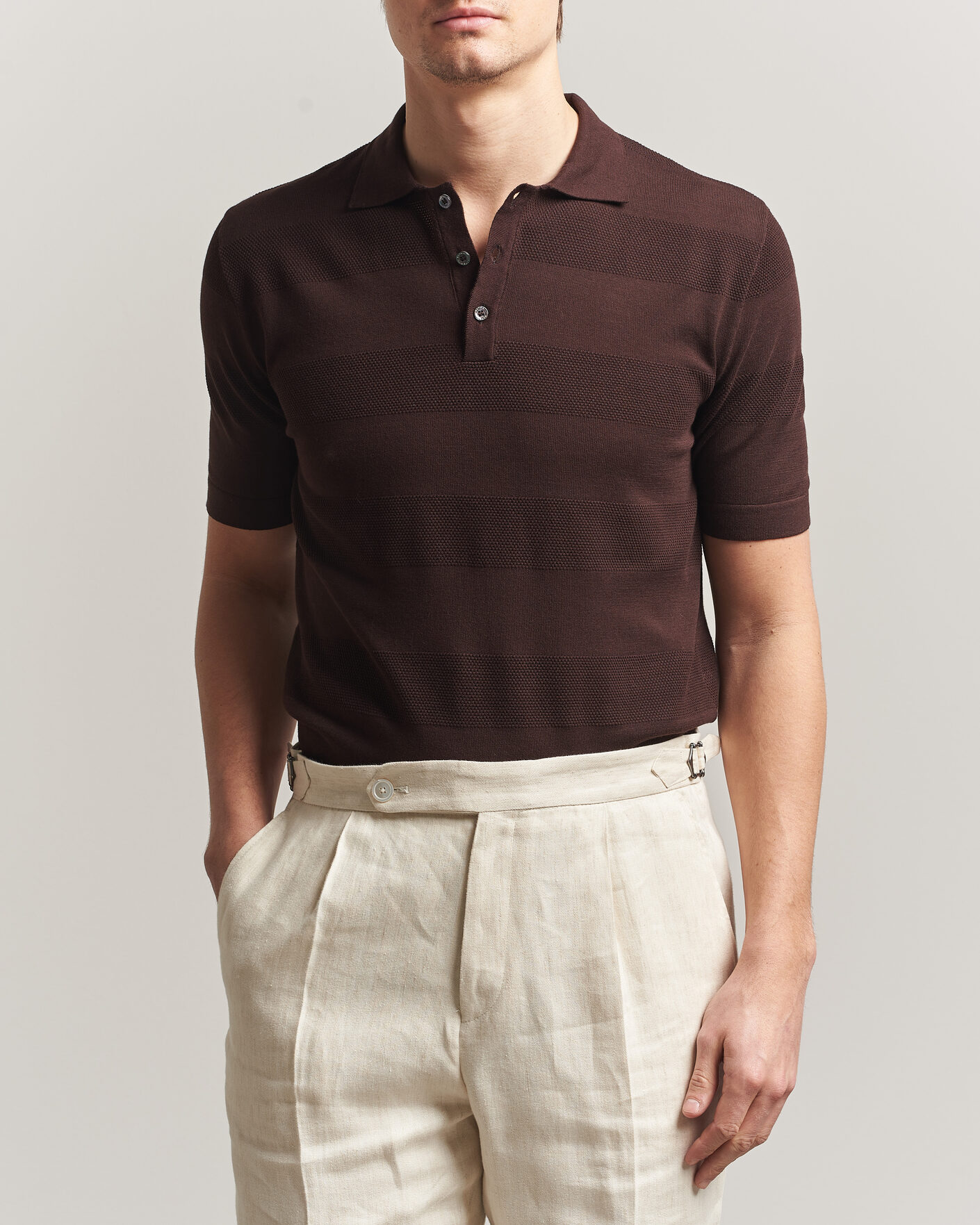 Herre | Pikéer | Altea | Block Stripe Knitted Polo Dark Brown