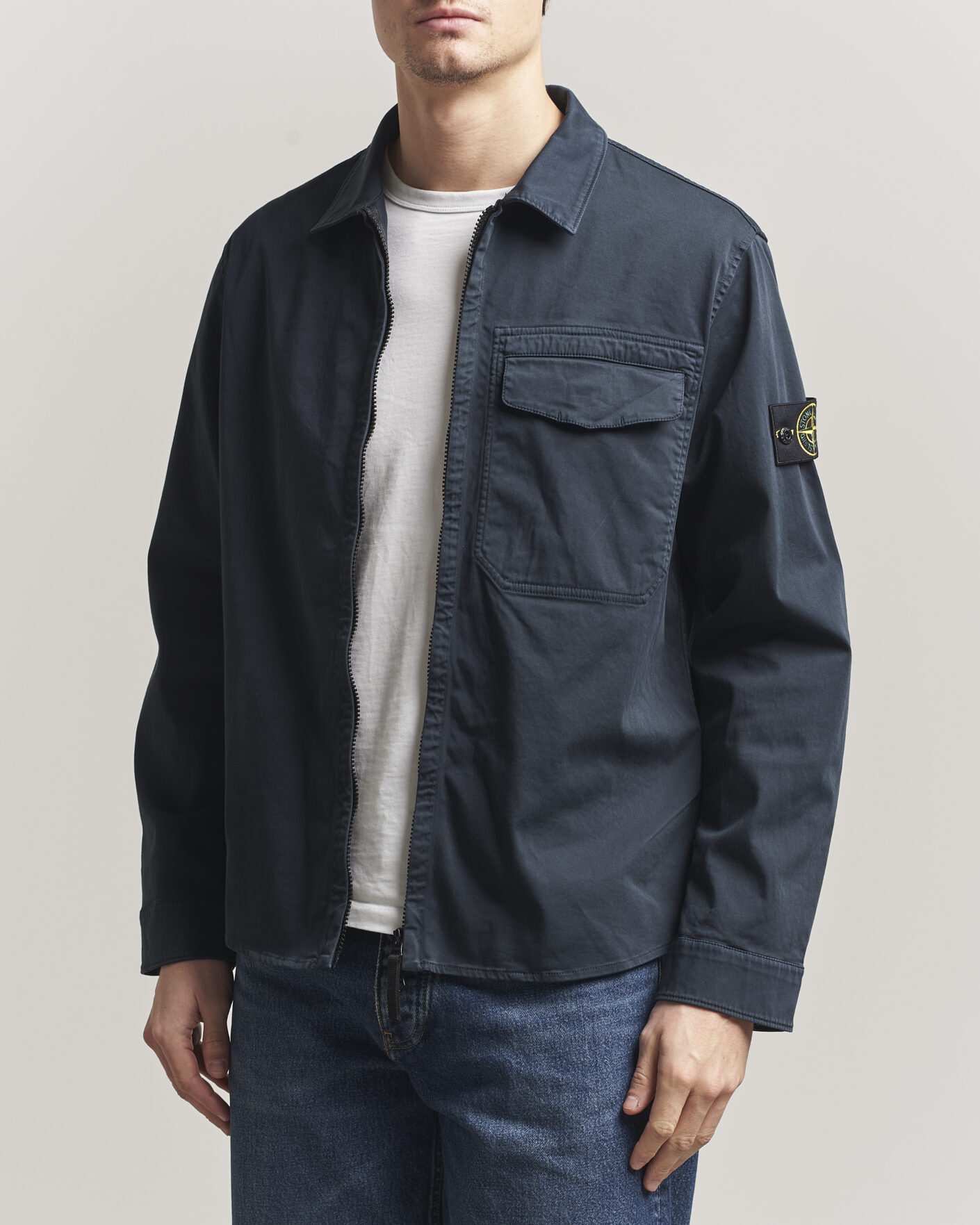 Herre | Skjorter | Stone Island | Cotton Stretch Zip Overshirt Navy