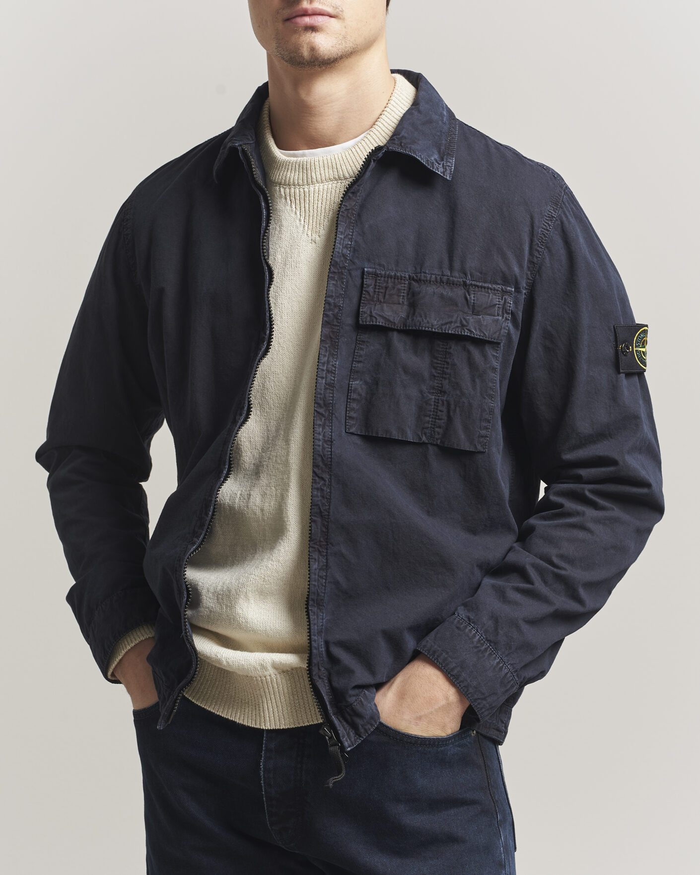 Herre | Skjorter | Stone Island | Brushed Cotton Canvas Zip Overshirt Navy
