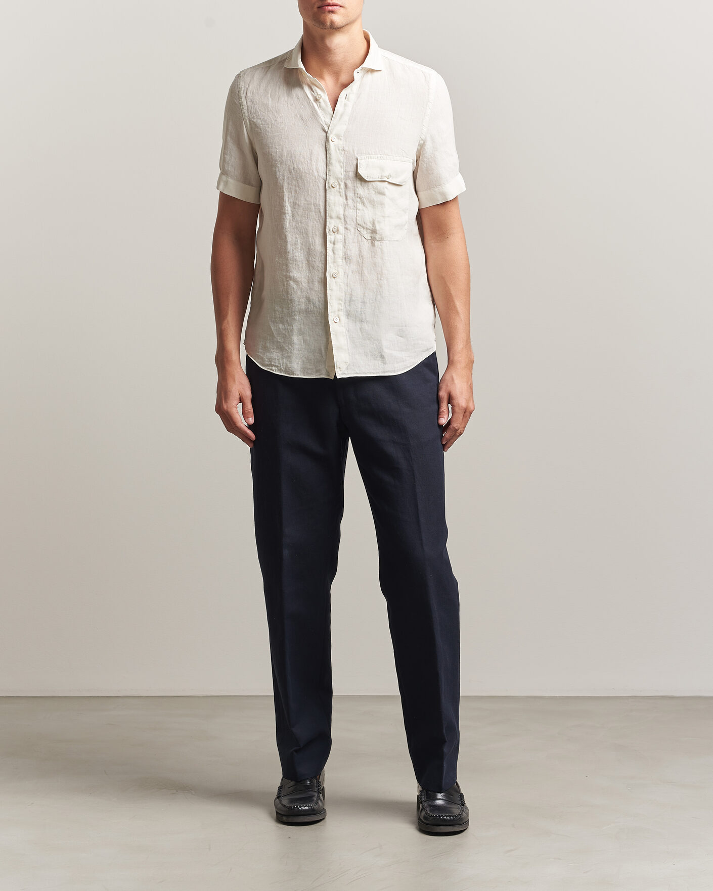 Herre | Skjorter | Finamore Napoli | Linen Short Sleeve Sport Shirt Off White