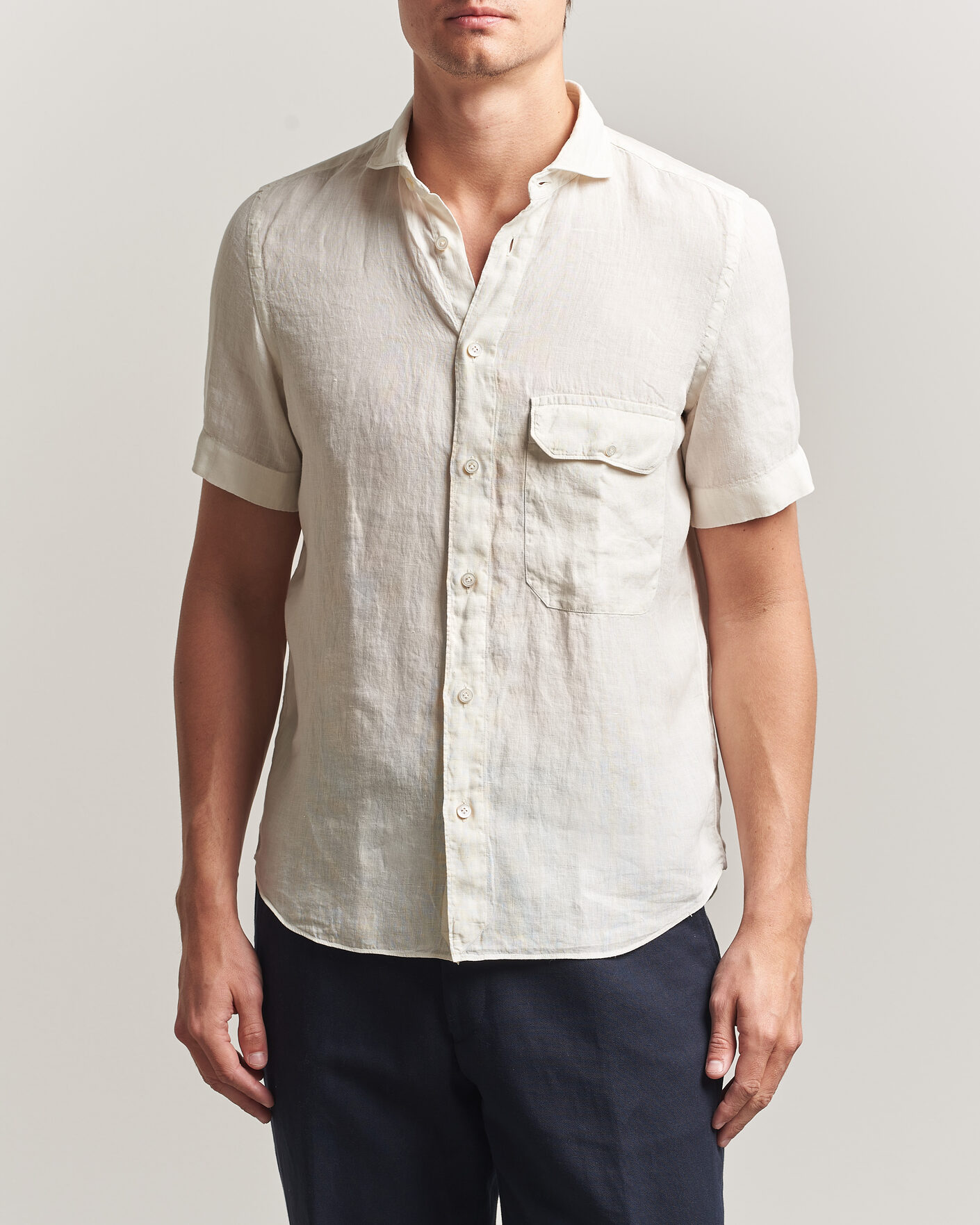 Herre | Skjorter | Finamore Napoli | Linen Short Sleeve Sport Shirt Off White