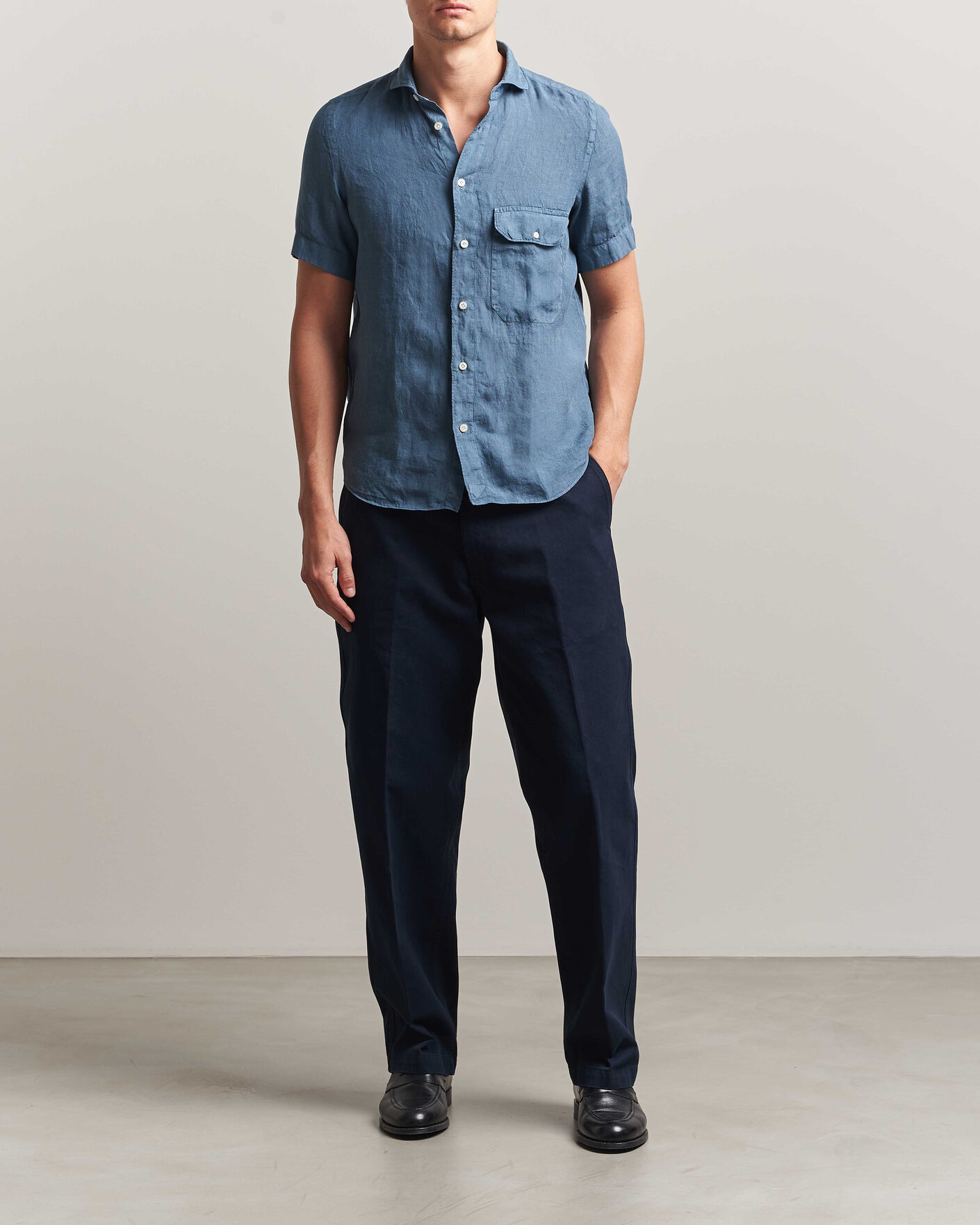 Herre | Skjorter | Finamore Napoli | Linen Short Sleeve Sport Shirt Dark Blue