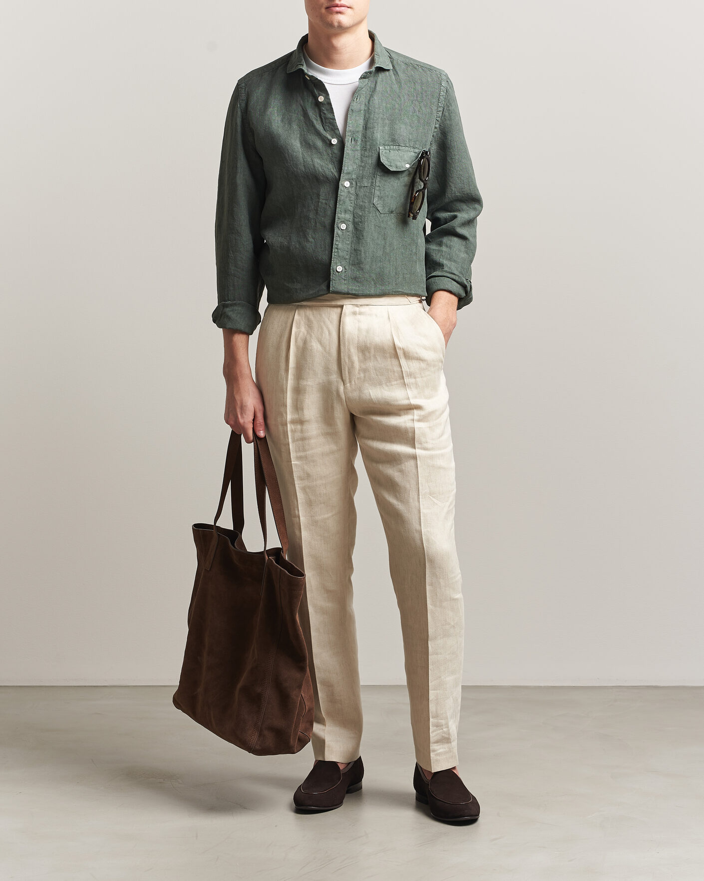Herre | Skjorter | Finamore Napoli | Salina Garment Dyed Linen Overshirt Dark Green