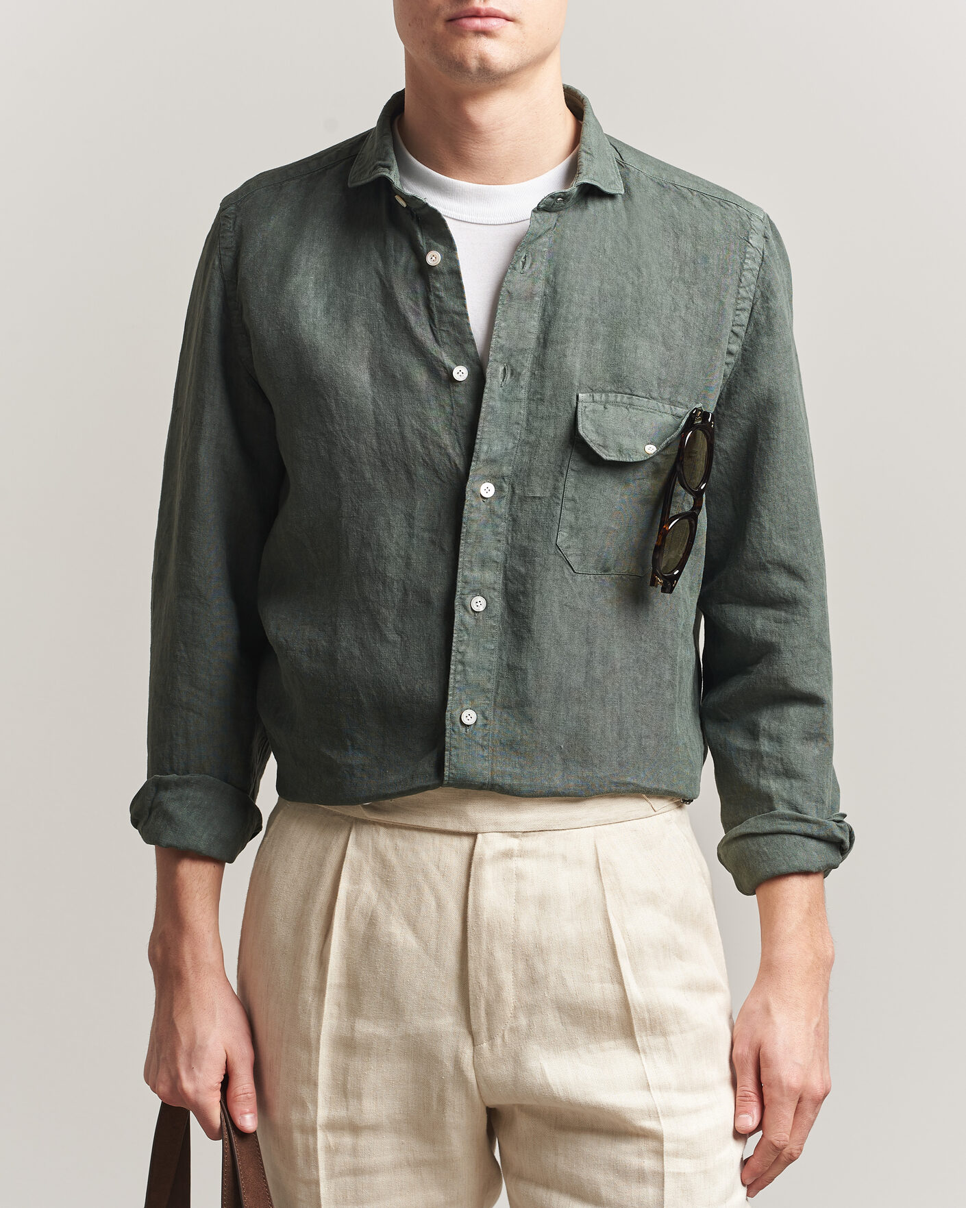 Herre | Skjorter | Finamore Napoli | Salina Garment Dyed Linen Overshirt Dark Green