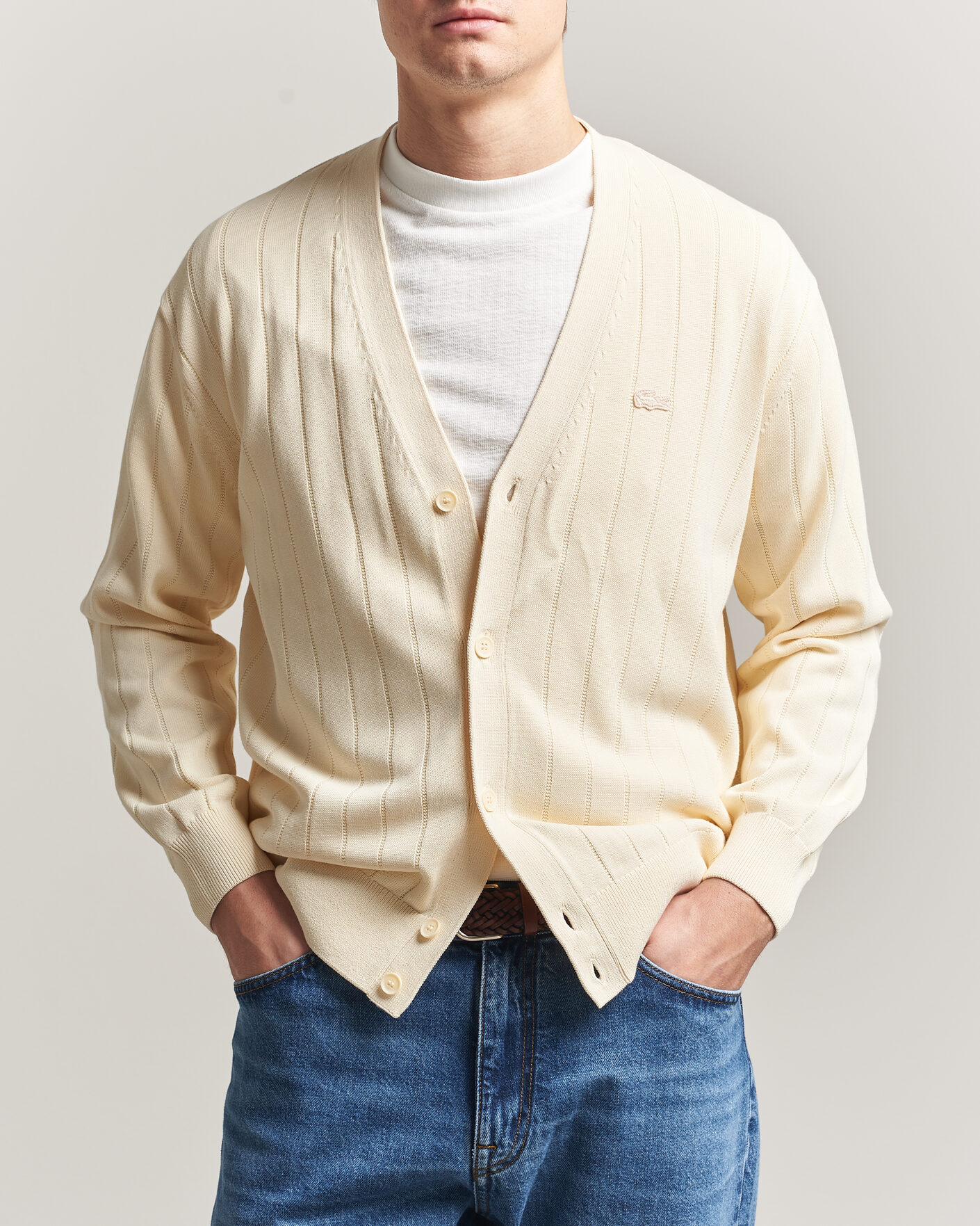 Herre | Gensere | Lacoste | Cotton Structured Knitted Cardigan Naturel Clair