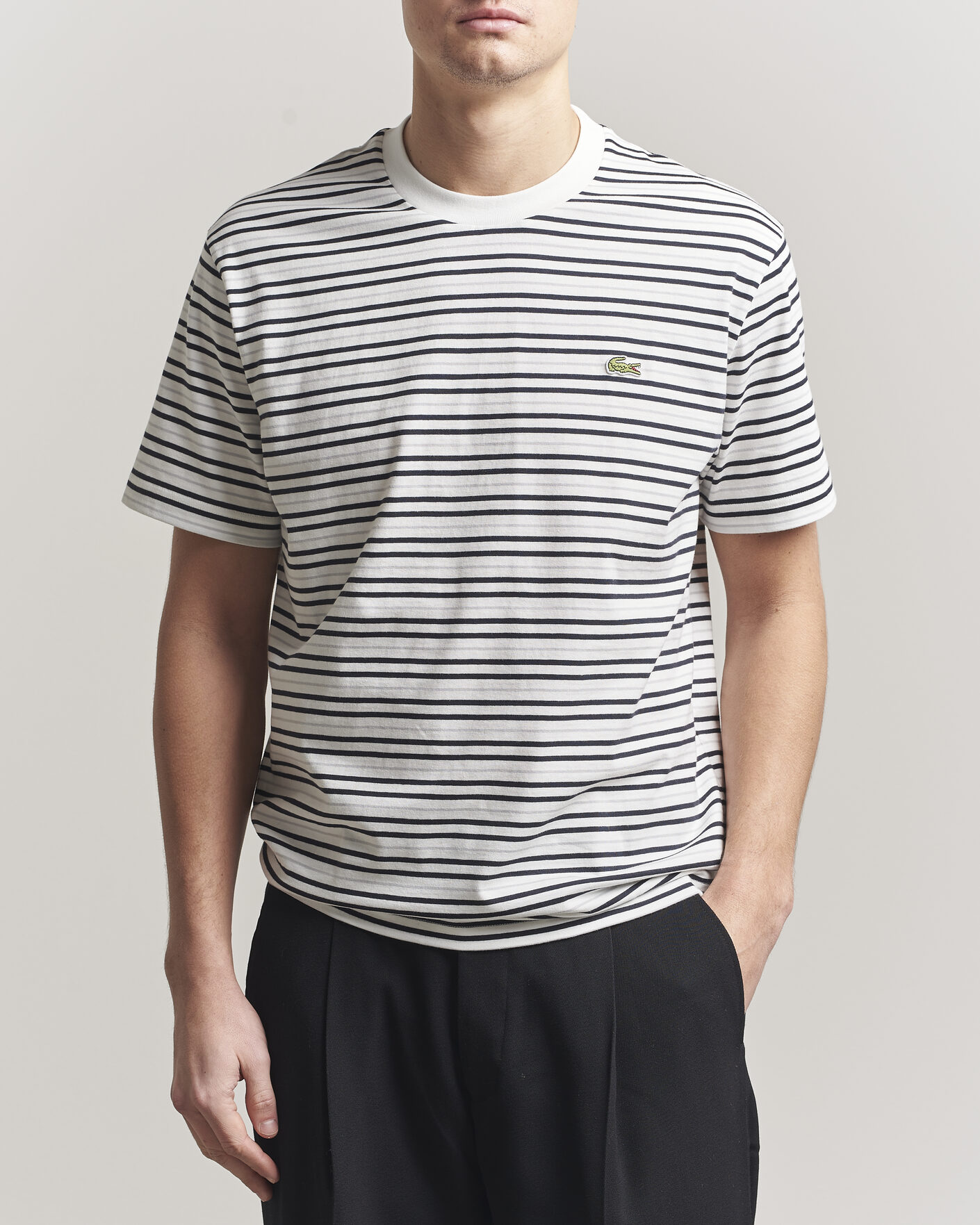 Herre | T-Shirts | Lacoste | Cotton Striped T-Shirt Blackbird/Flour