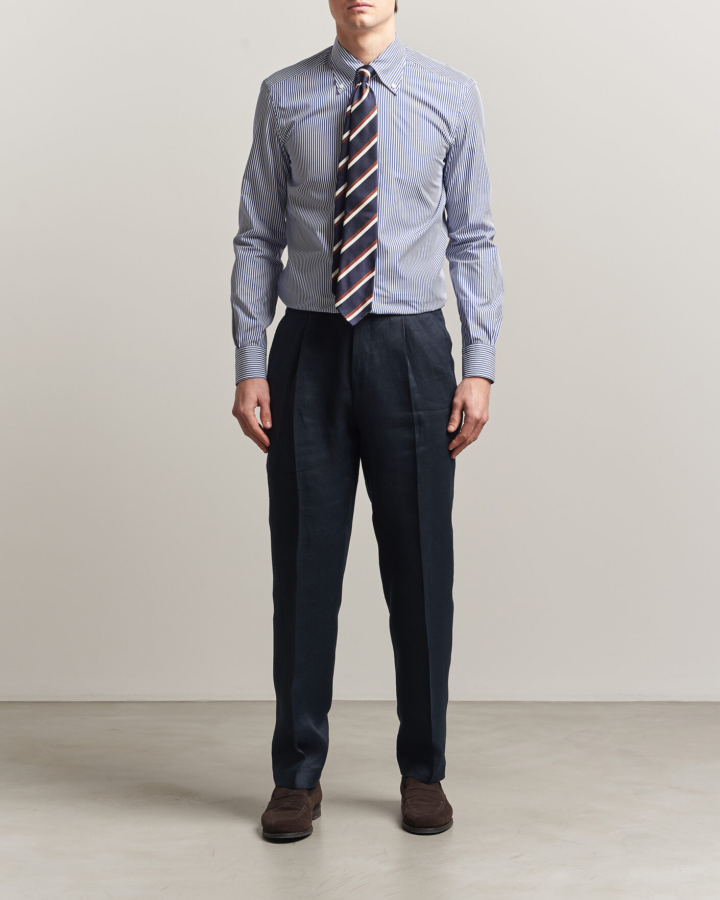 Herre | Skjorter | Mazzarelli | Soft Cotton Button Down Shirt Blue Stripe