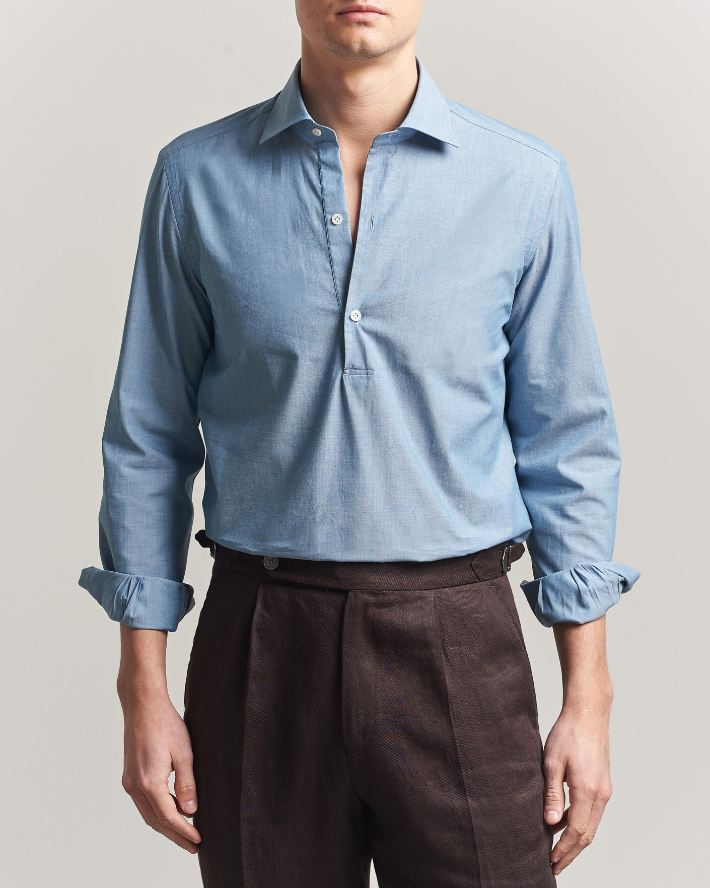 Herre | Skjorter | Mazzarelli | Soft Cotton Denim Popover Shirt Blue