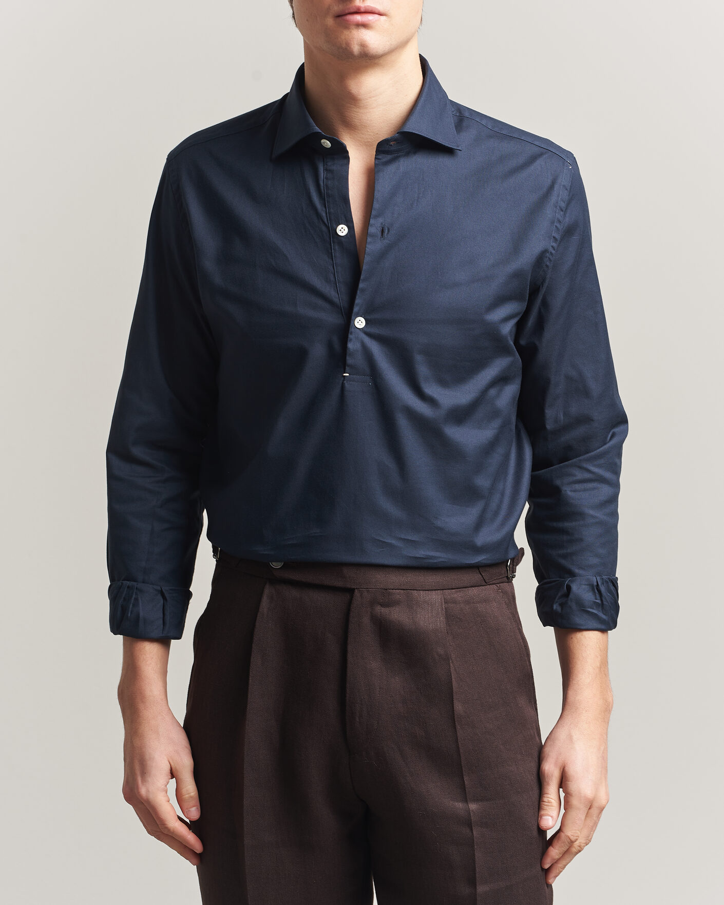 Herre | Skjorter | Mazzarelli | Soft Oxford Popover Shirt Navy