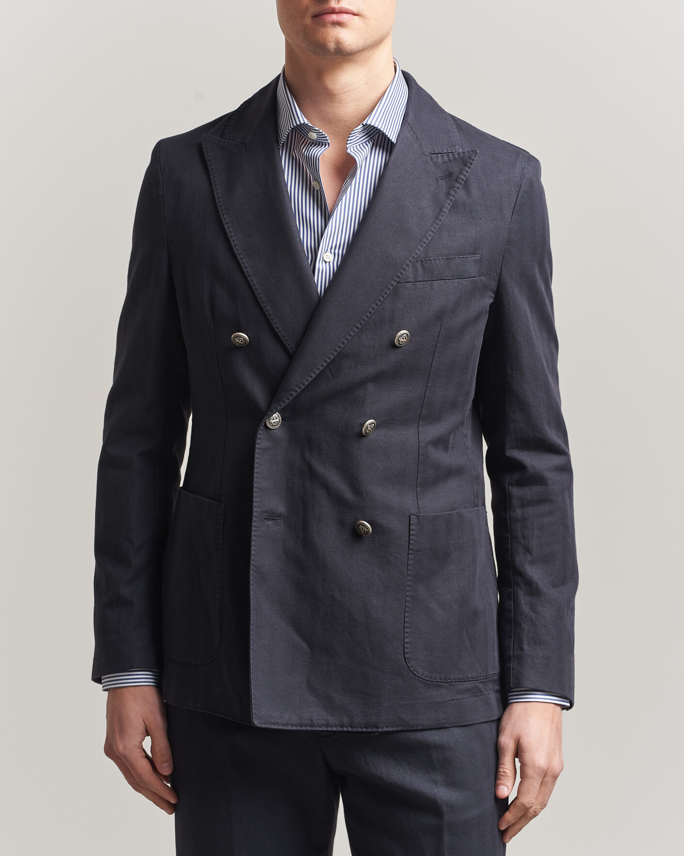 Herre | Dressjakker | Morris | Cotton Herringbone Double Breasted Blazer Blue