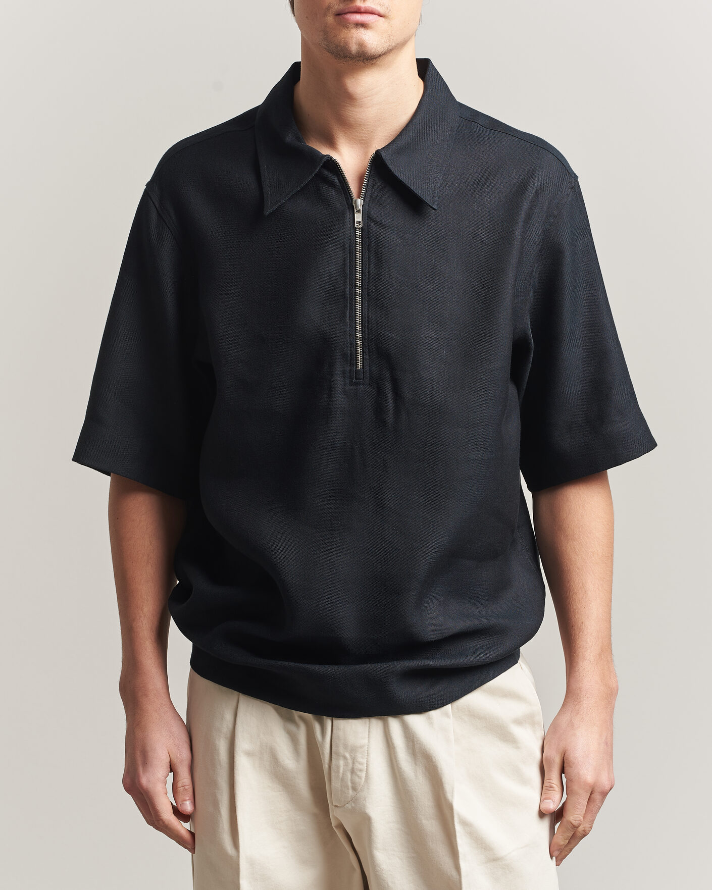 Herre | Pikéer | NN07 | Bruno Linen/Viscose Half Zip Polo Black