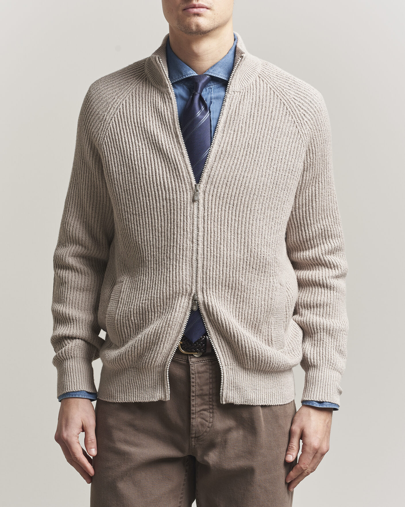 Herre | Gensere | Brunello Cucinelli | Heavy Cotton Rib Zip Cardigan Beige