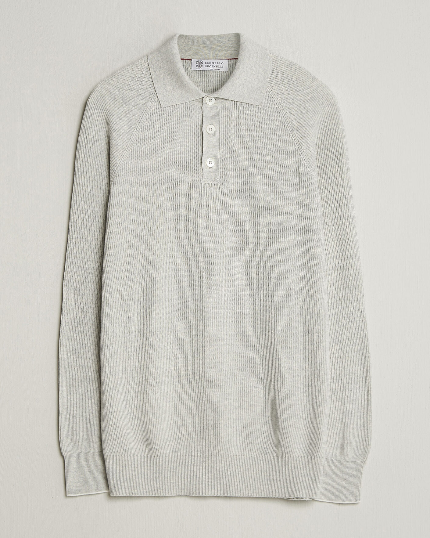Herre | Gensere | Brunello Cucinelli | Cotton Rib Knitted Long Sleeve Polo Light Grey