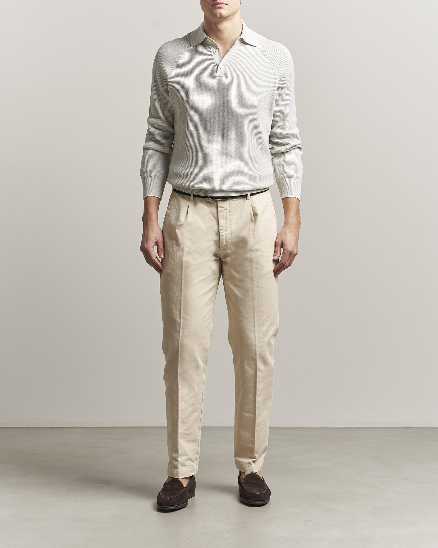 Herre | Gensere | Brunello Cucinelli | Cotton Rib Knitted Long Sleeve Polo Light Grey