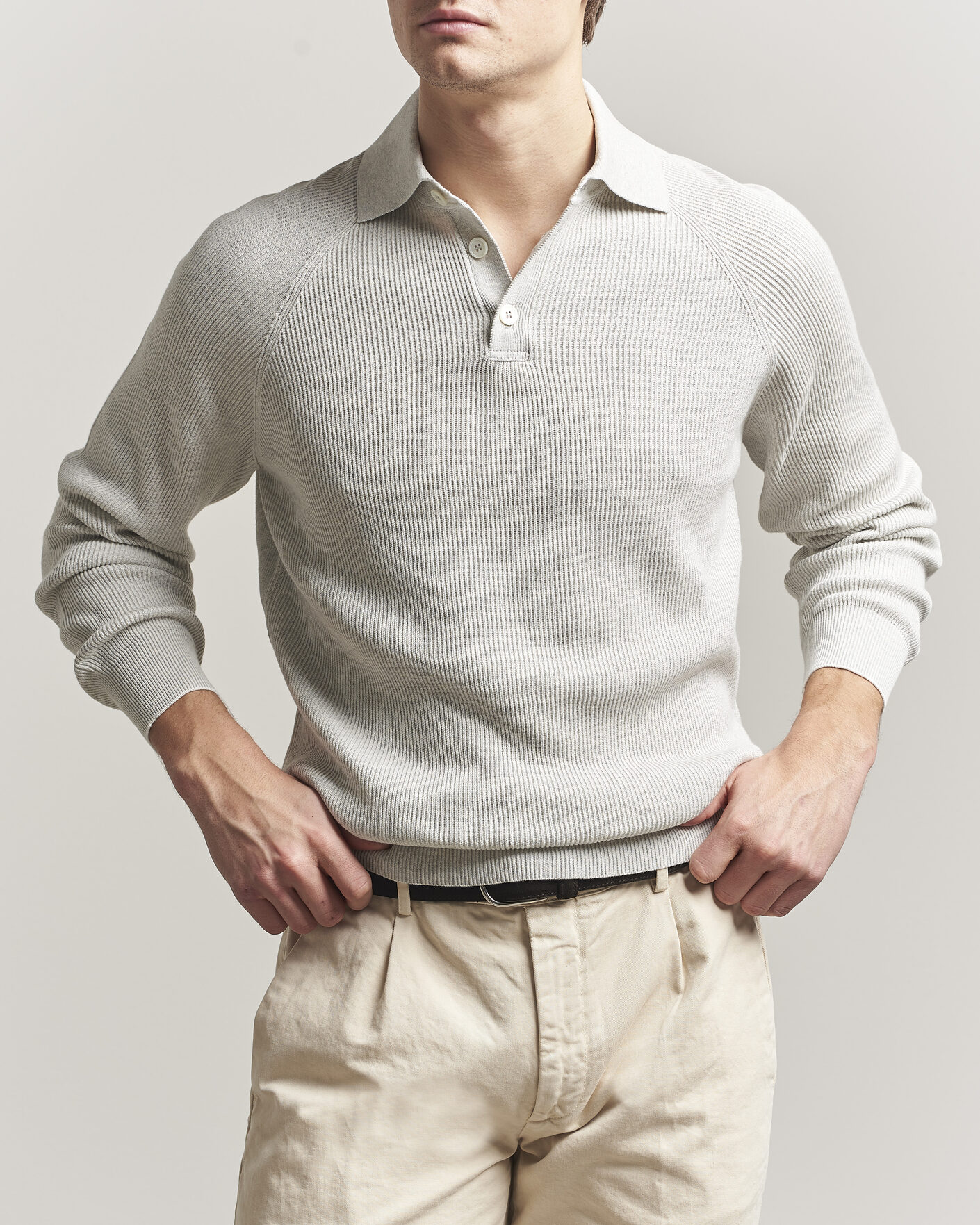 Herre | Gensere | Brunello Cucinelli | Cotton Rib Knitted Long Sleeve Polo Light Grey