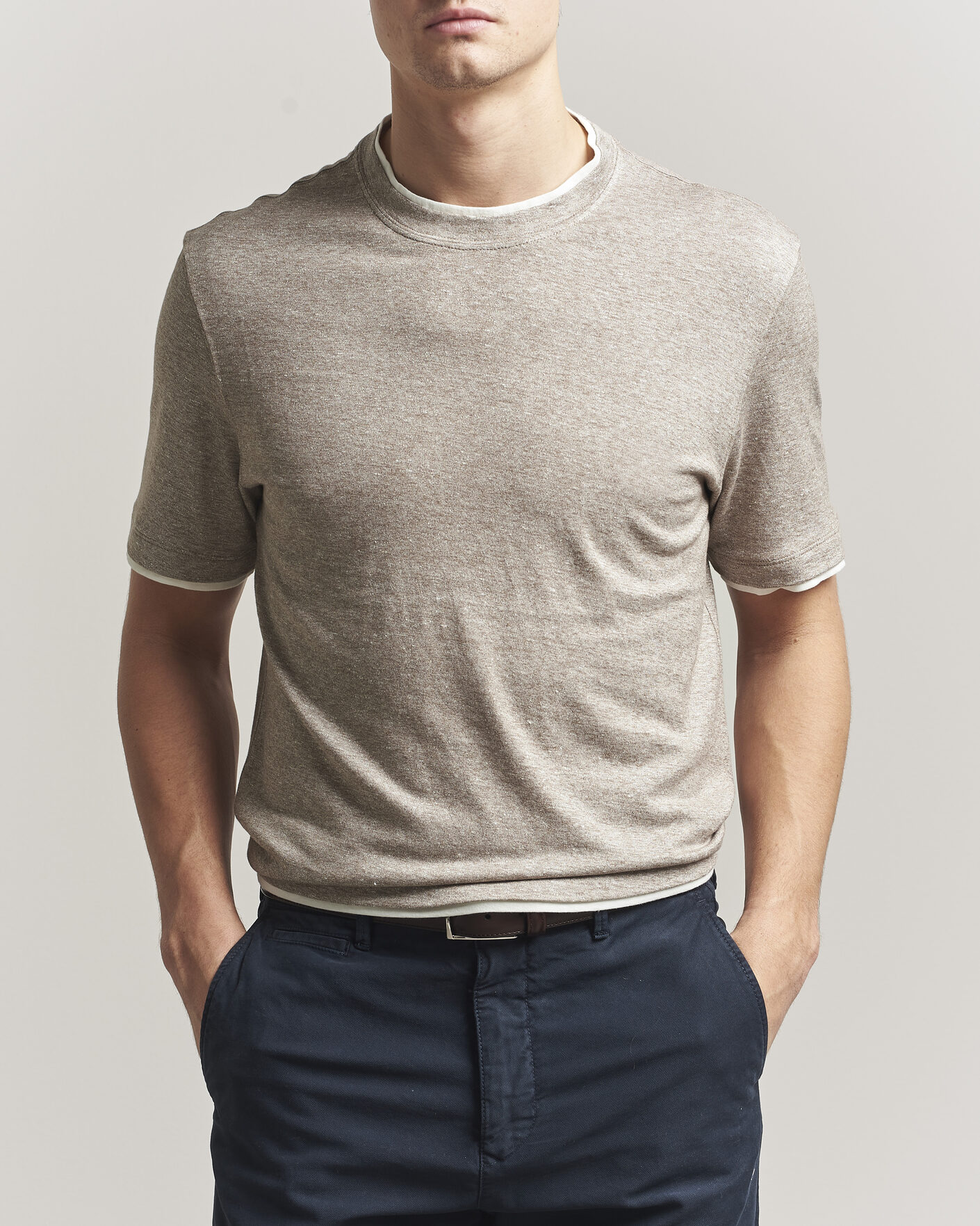 Herre | T-Shirts | Brunello Cucinelli | Double Collar Linen T-Shirt Brown