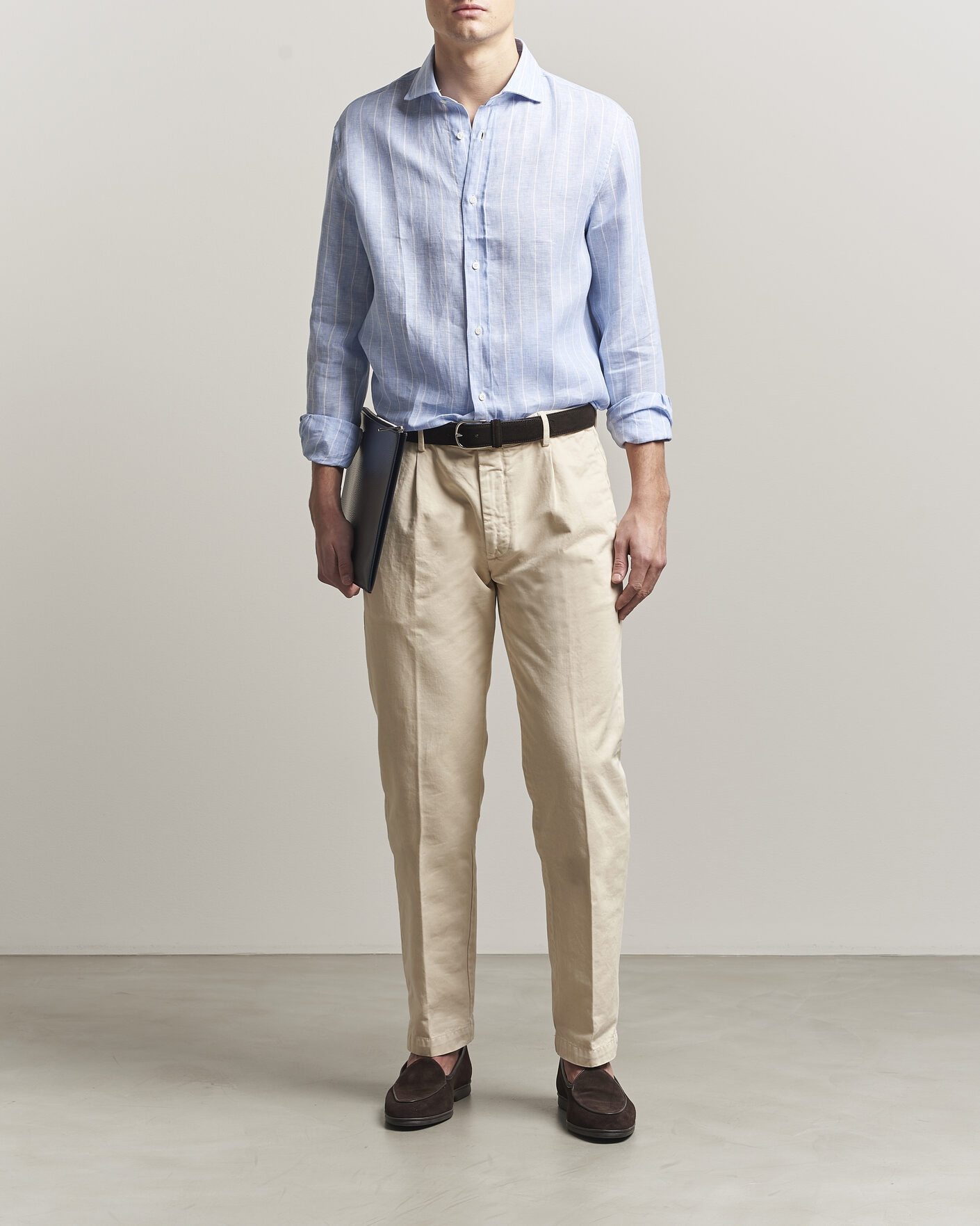Herre | Skjorter | Brunello Cucinelli | Easy Fit Linen Shirt Light Blue Stripe