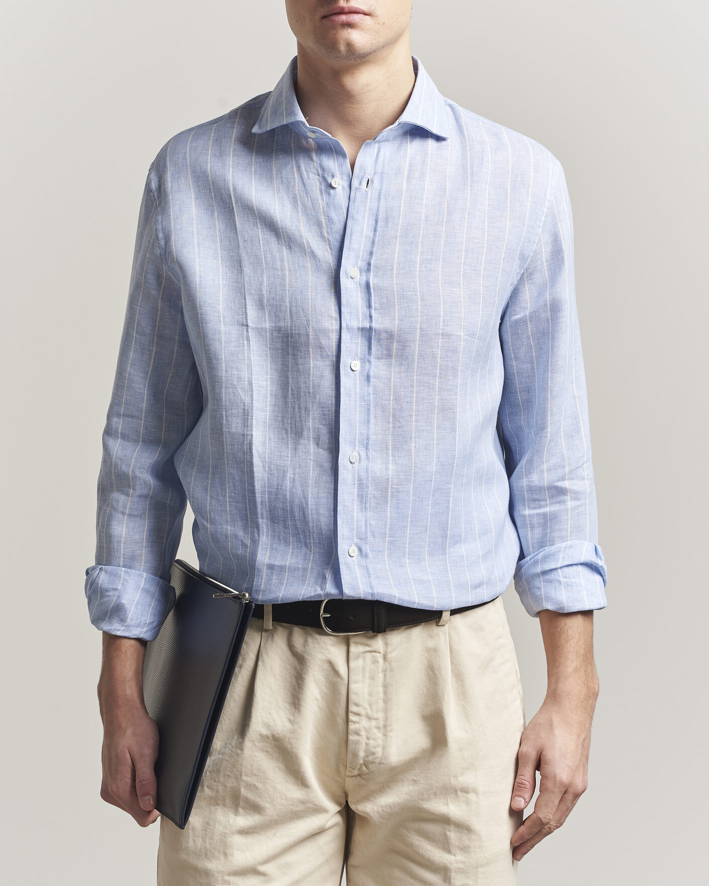 Herre | Skjorter | Brunello Cucinelli | Easy Fit Linen Shirt Light Blue Stripe