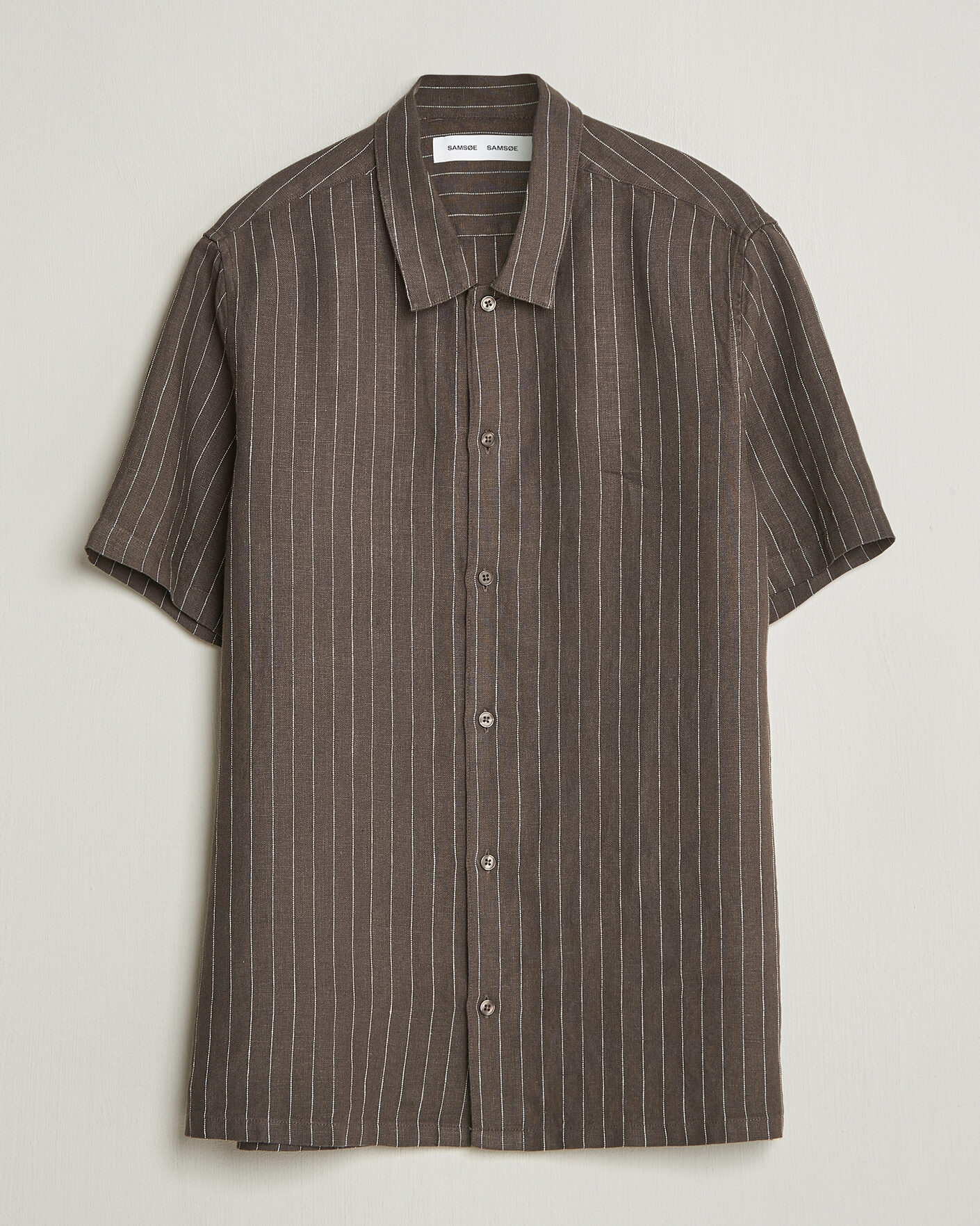 Herre | Skjorter | Samsøe Samsøe | Avan Linen Striped Short Sleeve Shirt Black Olive