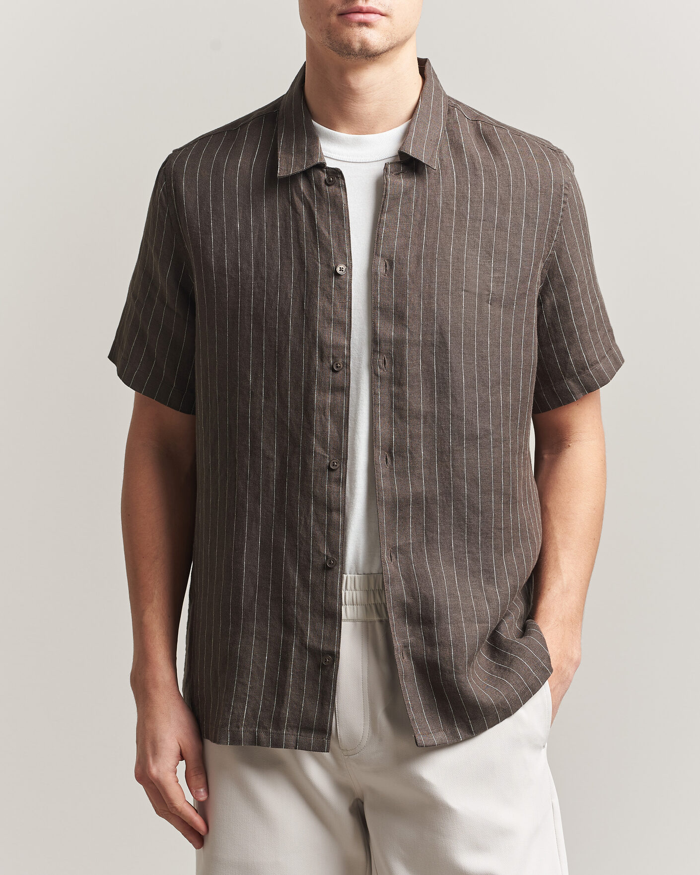 Herre | Skjorter | Samsøe Samsøe | Avan Linen Striped Short Sleeve Shirt Black Olive