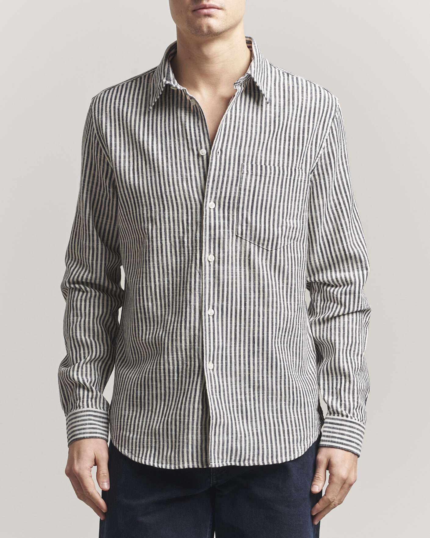 Herre | Skjorter | Samsøe Samsøe | Liam Cotton/Linen Striped Shirt Salute Navy