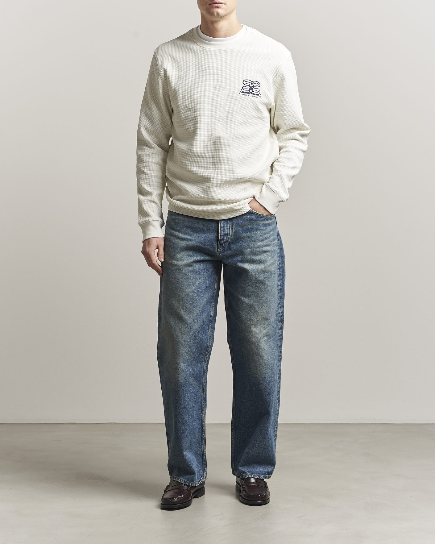 Herre | T-Shirts | Samsøe Samsøe | Fellow Waffle Printed Long Sleeve T-Shirt Clear Cream