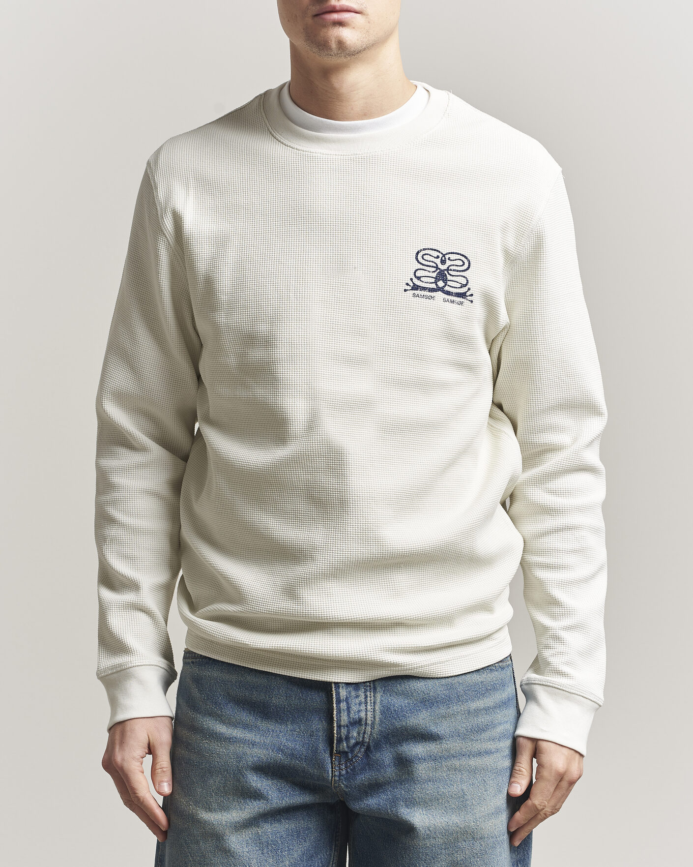 Herre | T-Shirts | Samsøe Samsøe | Fellow Waffle Printed Long Sleeve T-Shirt Clear Cream