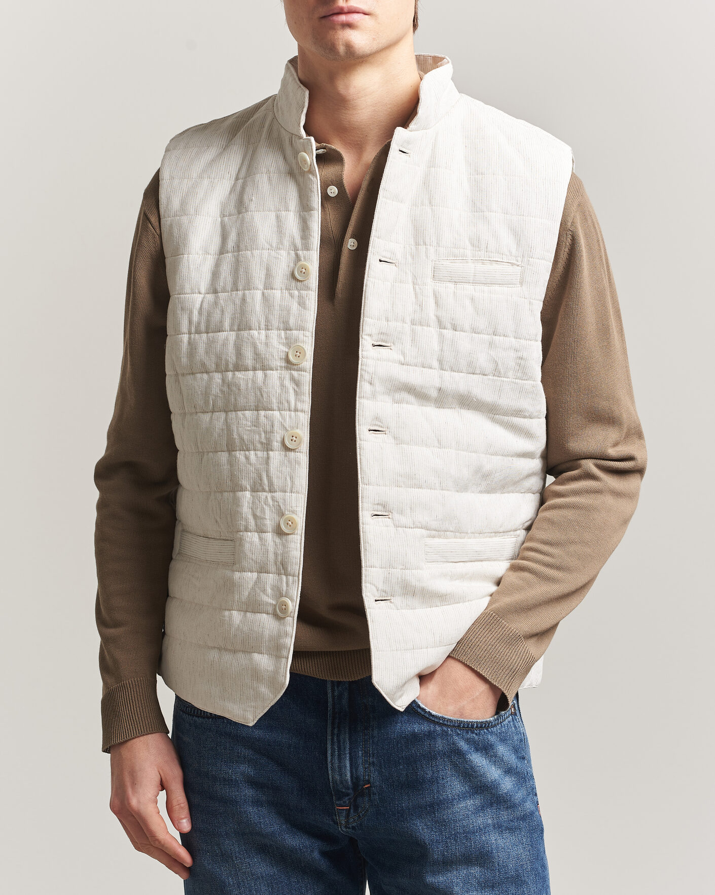 Herre | Vester | Stenströms | Mid Layer Pin Stripe Linen Vest Off White