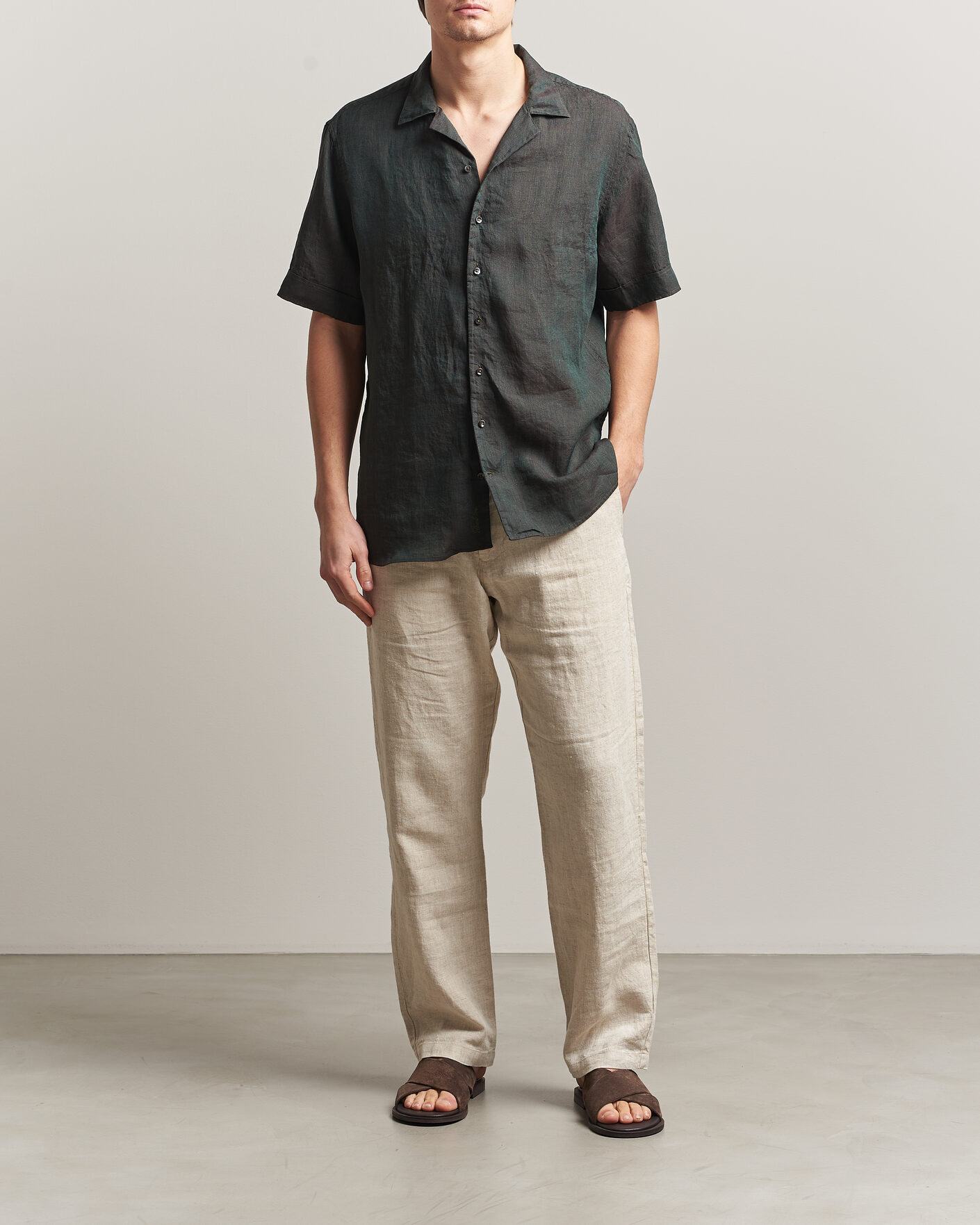 Herre | Skjorter | Stenströms | Short Sleeve Linen Shirt Dark Green