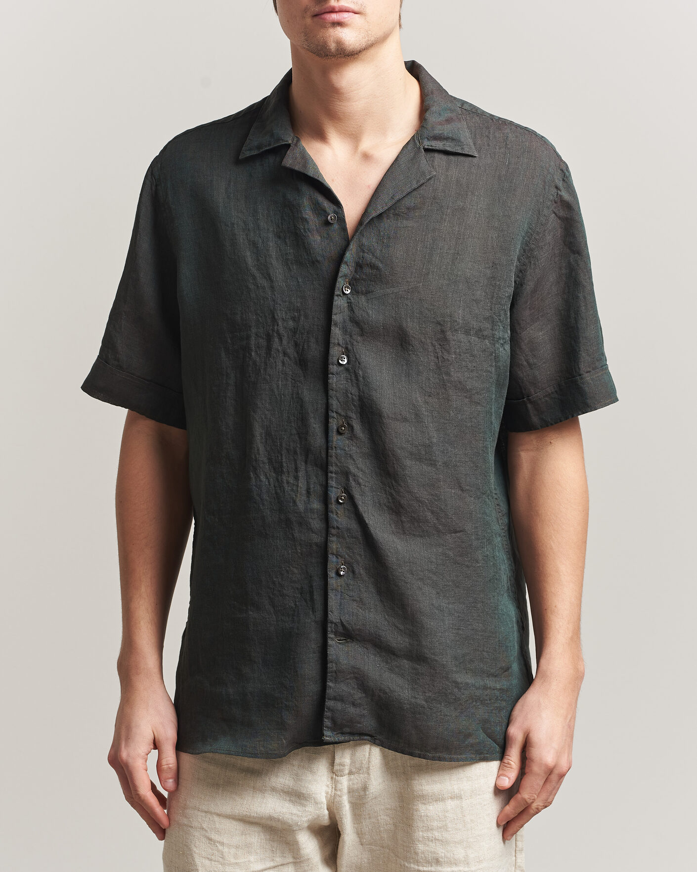 Herre | Skjorter | Stenströms | Short Sleeve Linen Shirt Dark Green