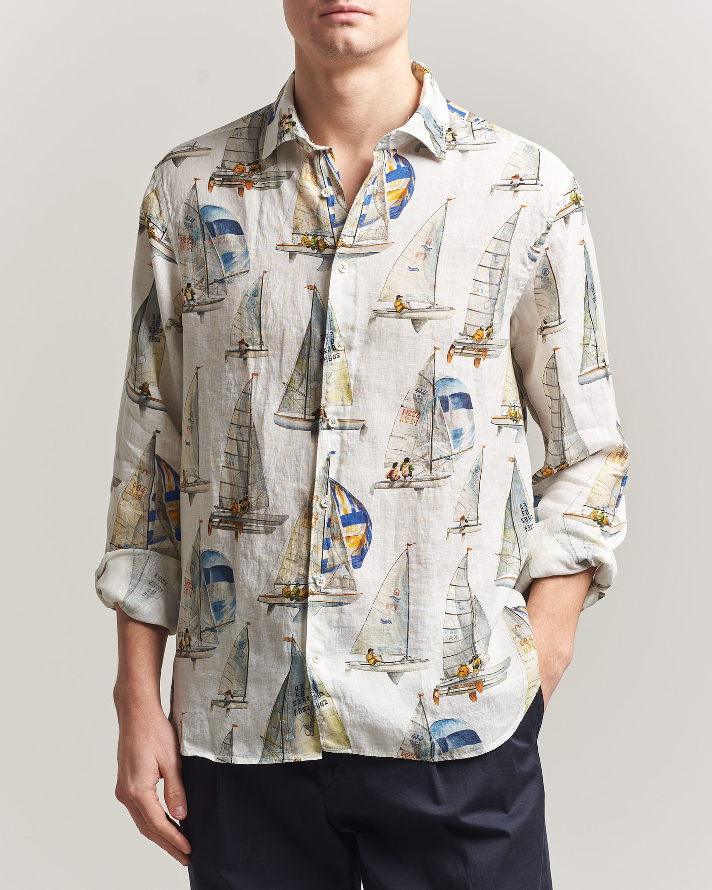 Herre | Skjorter | Stenströms | Regular Fit Printed Sailing Linen Shirt White