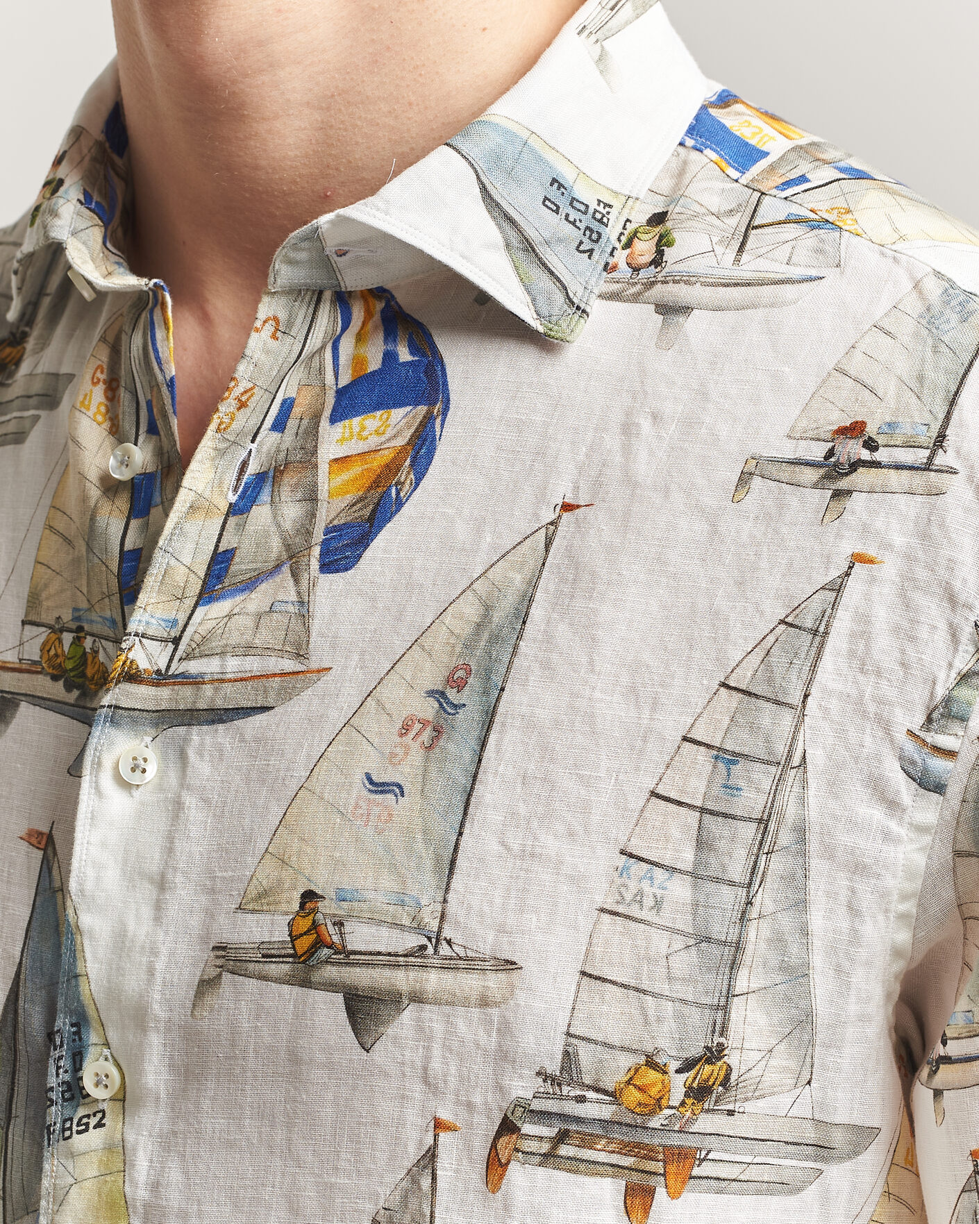 Herre | Skjorter | Stenströms | Regular Fit Printed Sailing Linen Shirt White