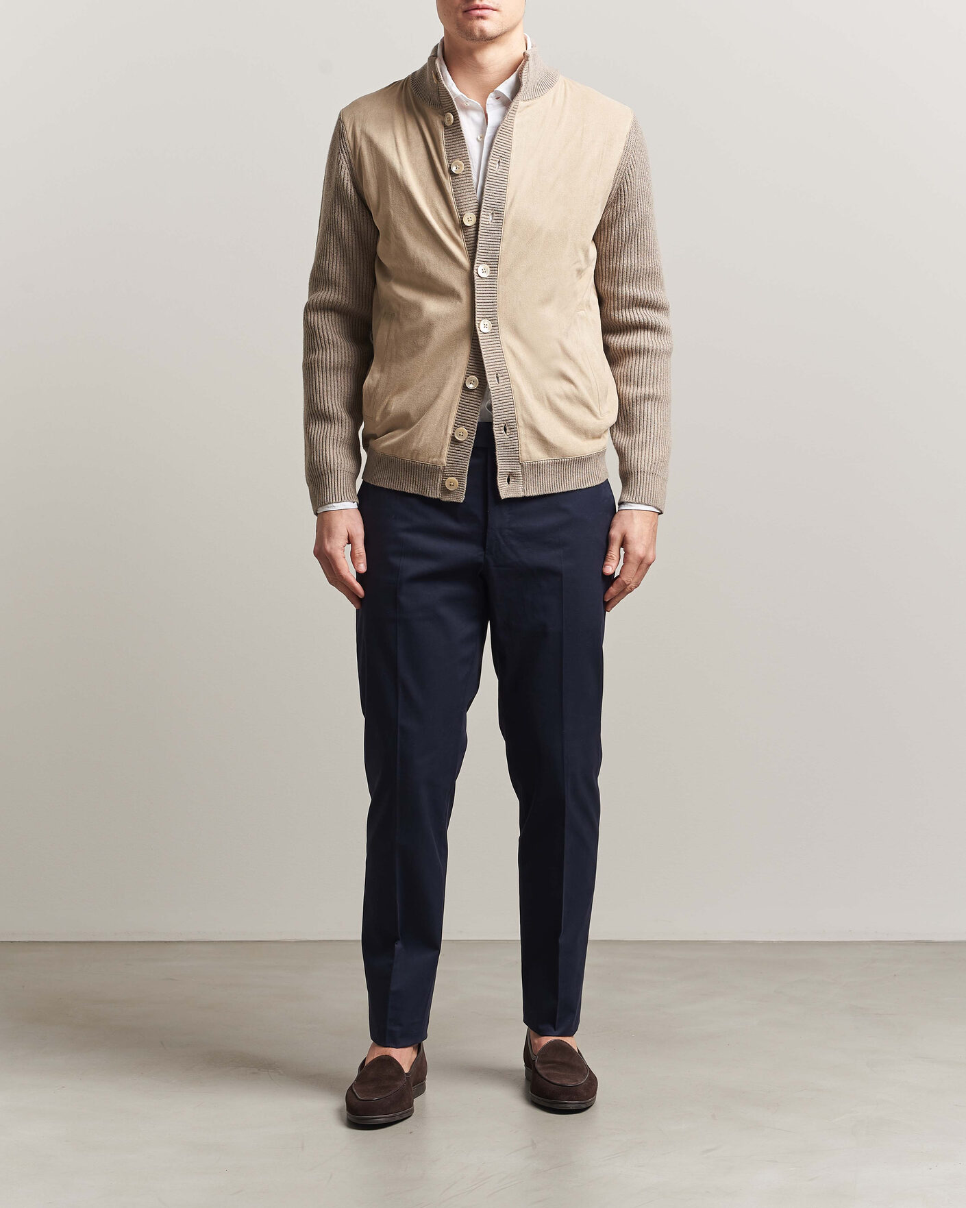Herre | Gensere | Stenströms | Knitted Hybrid Buttoned Alcantara Cardigan Taupe