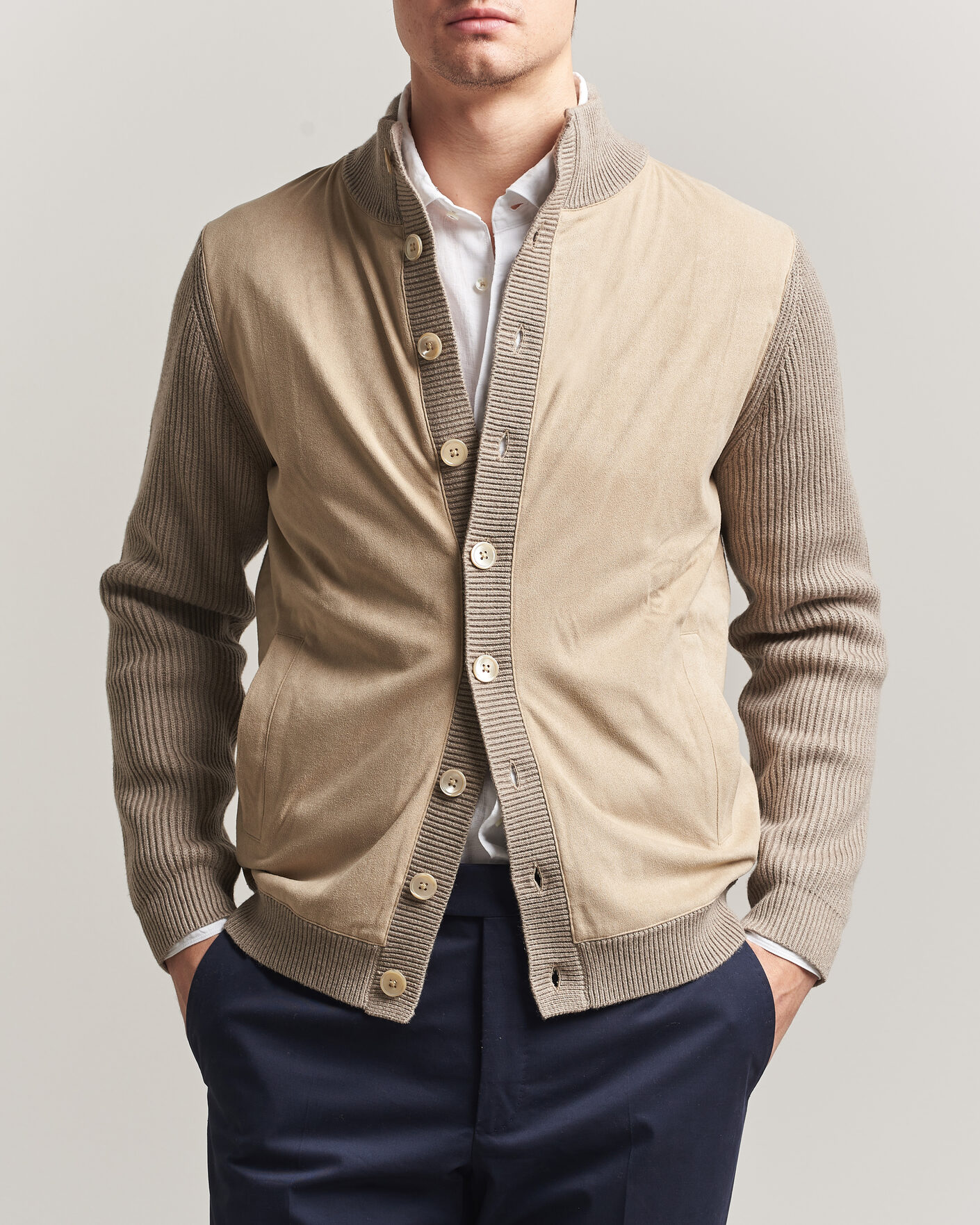 Herre | Gensere | Stenströms | Knitted Hybrid Buttoned Alcantara Cardigan Taupe