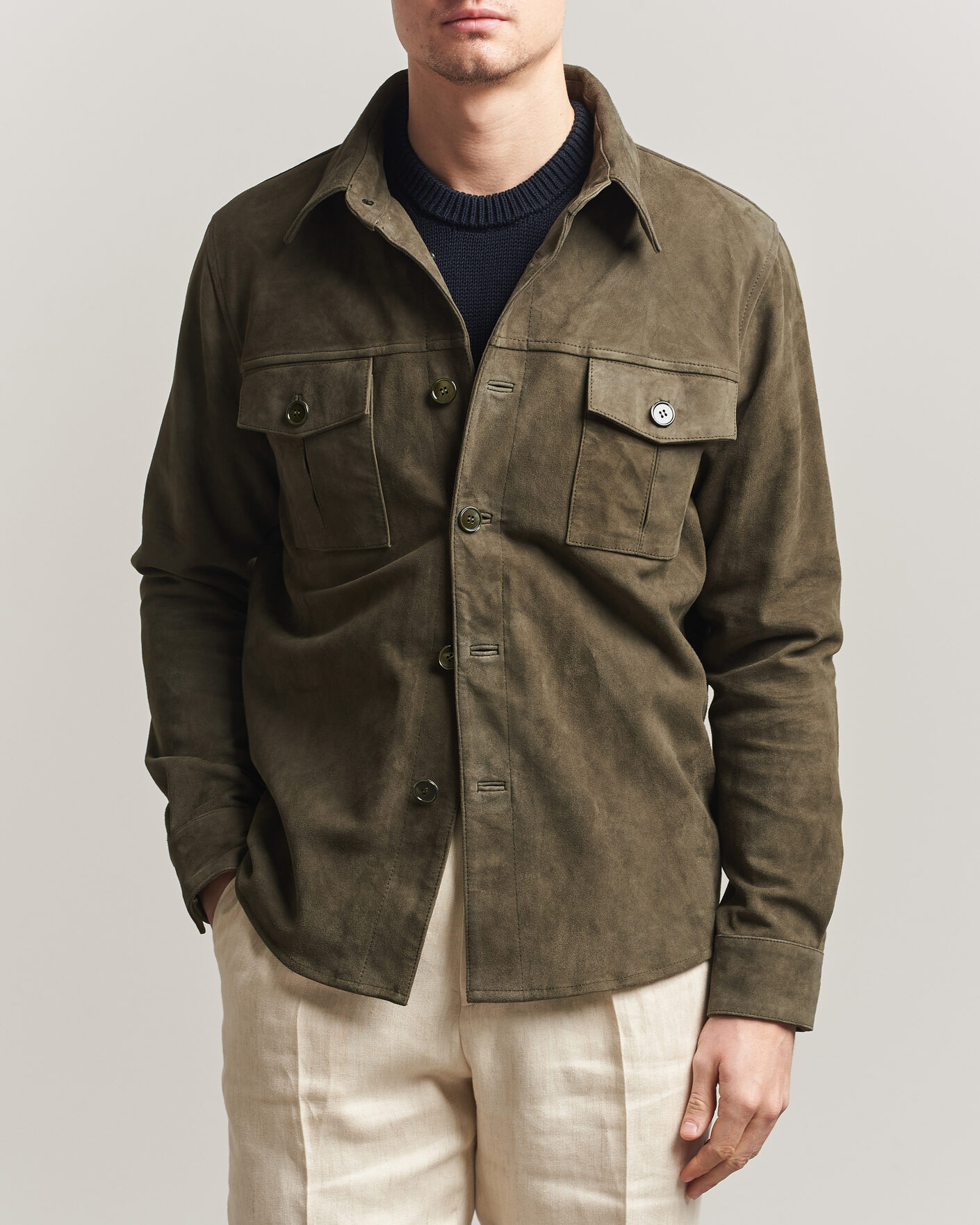 Herre | Jakker | Stenströms | Suede Pocket Overshirt Olive