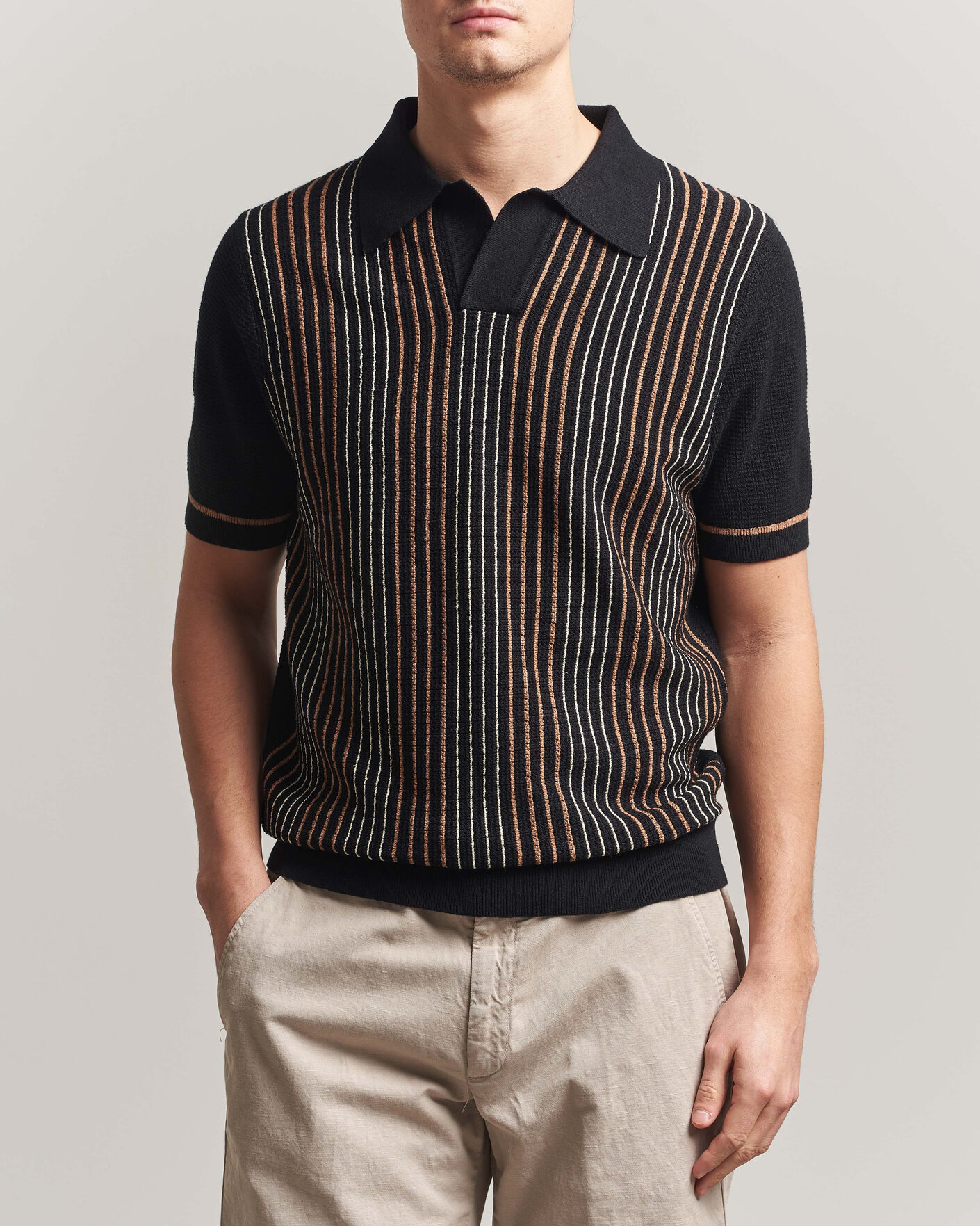 Herre | Pikéer | Stenströms | Knitted Stripe Hemp/Cotton Polo Black