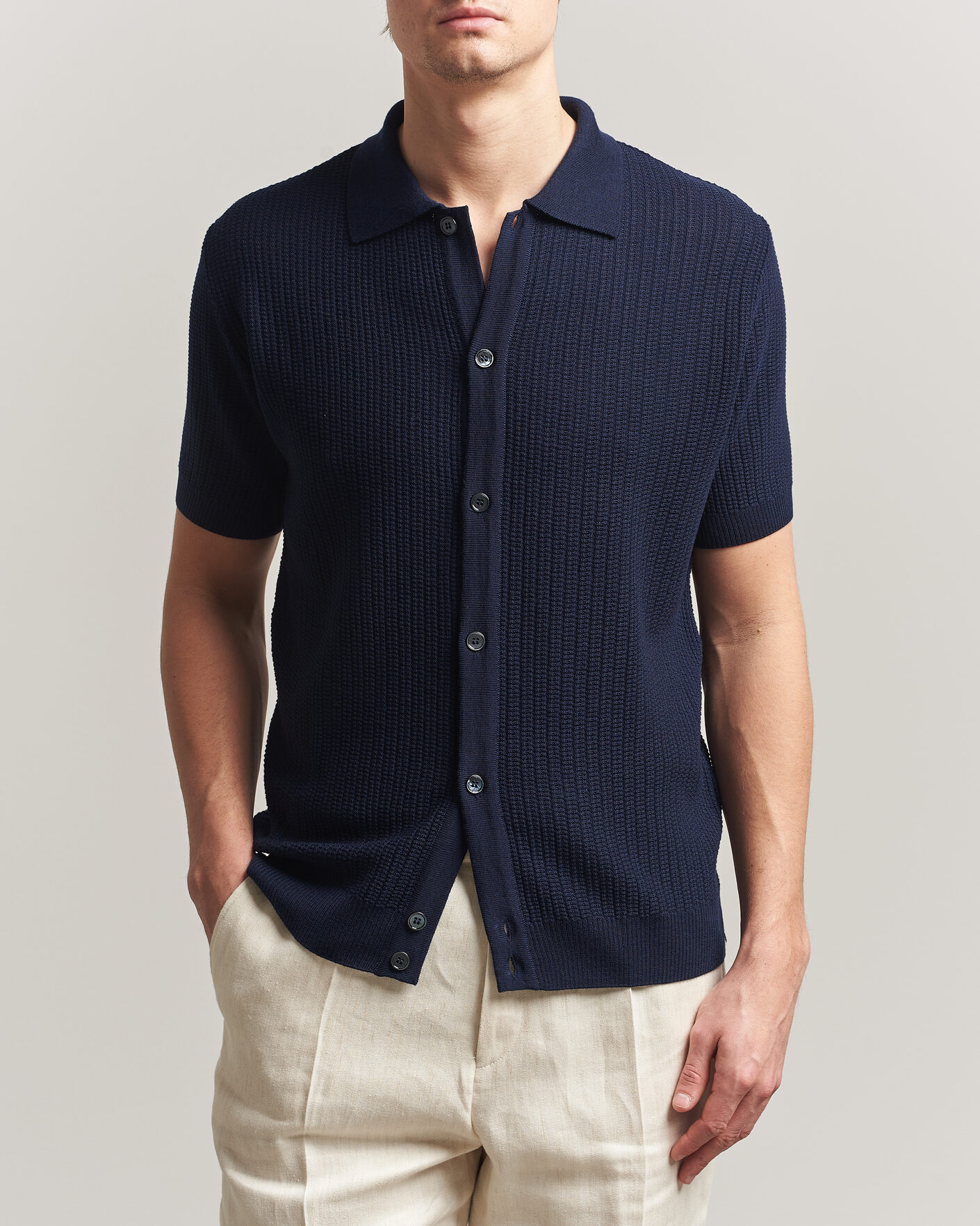 Herre | Pikéer | Stenströms | Knitted Buttonthru Merino Polo Shirt Navy