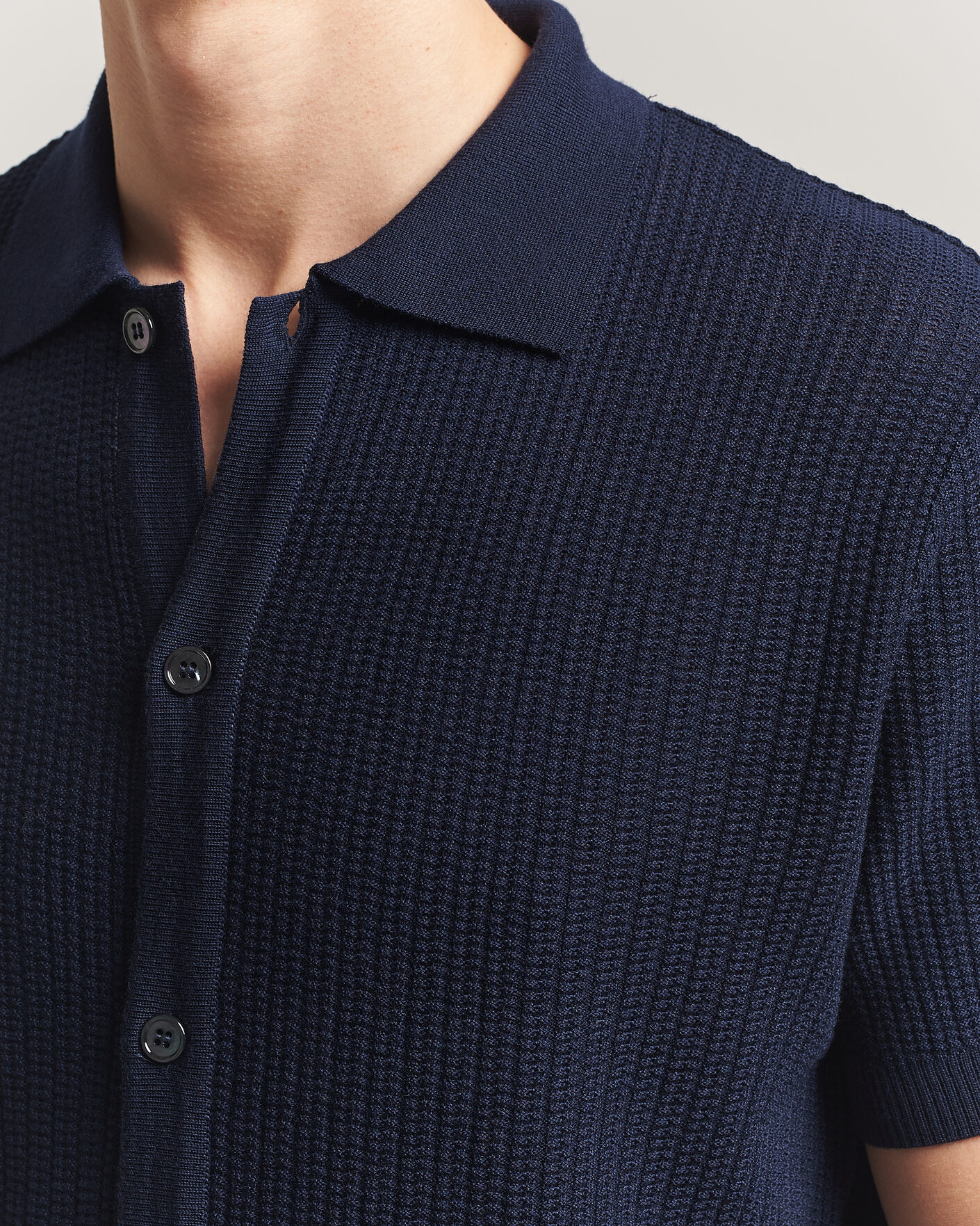Herre | Pikéer | Stenströms | Knitted Buttonthru Merino Polo Shirt Navy