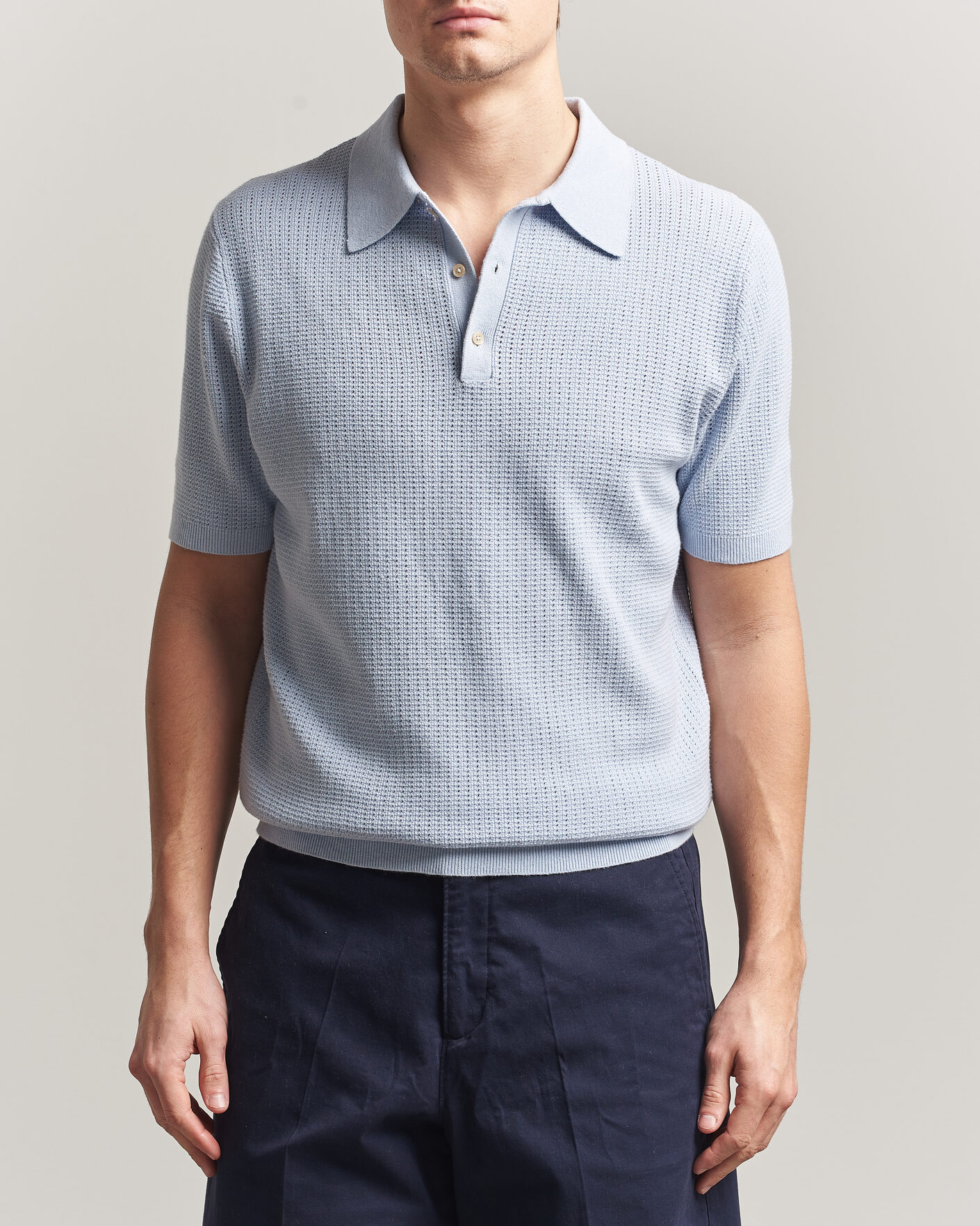 Herre | Pikéer | Stenströms | Knitted Textured Cotton/Hemp Polo Light Blue