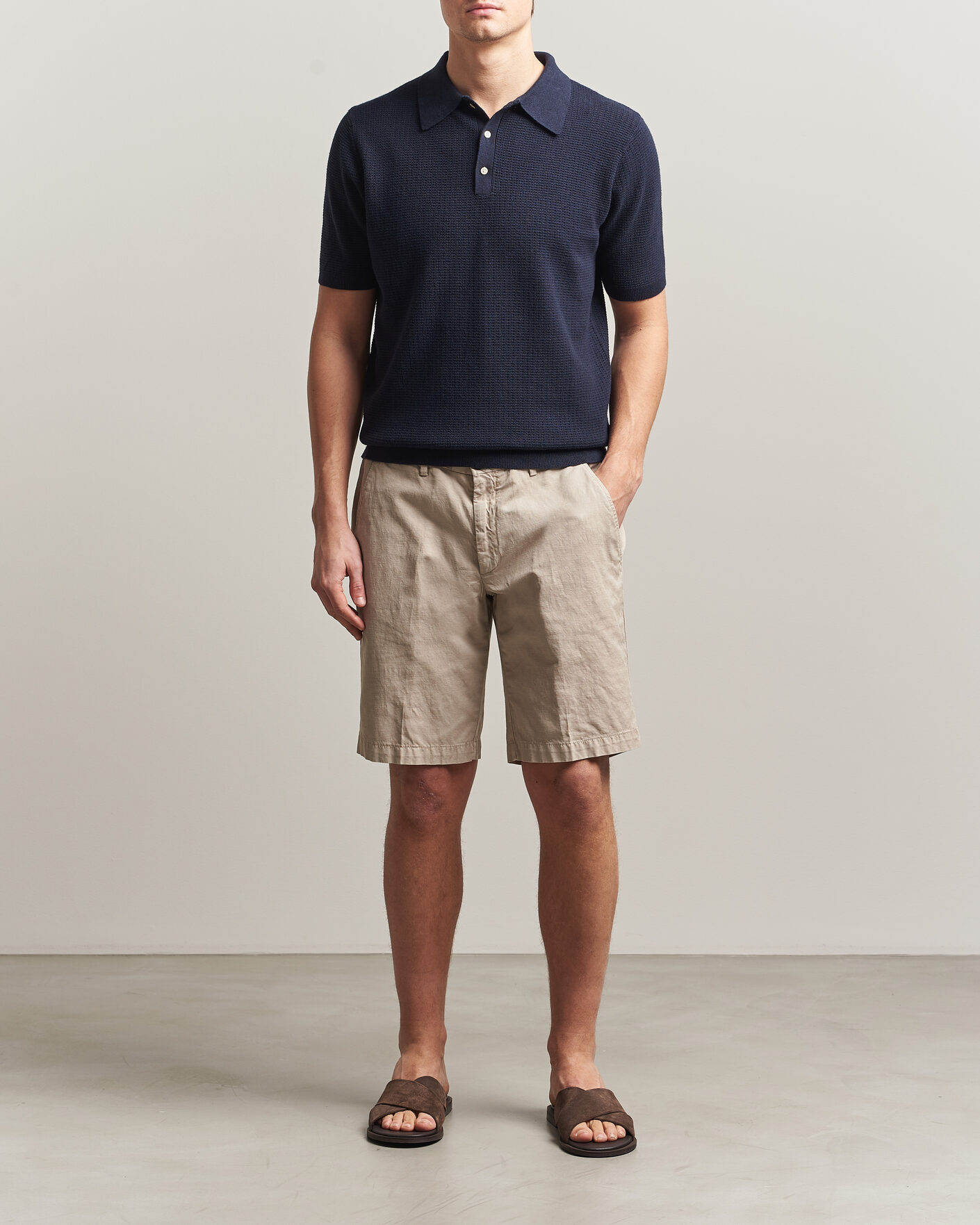 Herre | Pikéer | Stenströms | Knitted Textured Cotton/Hemp Polo Navy