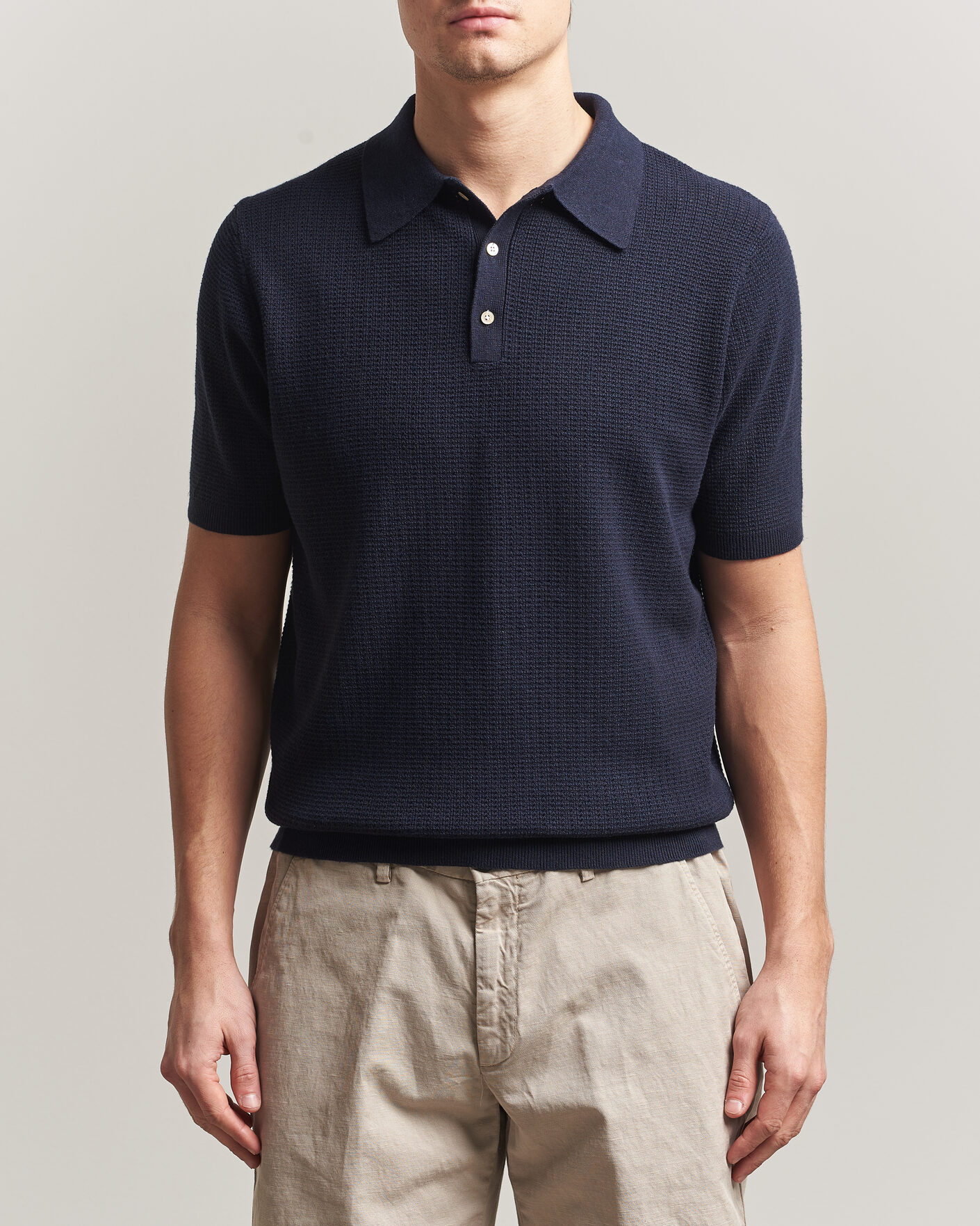 Herre | Pikéer | Stenströms | Knitted Textured Cotton/Hemp Polo Navy