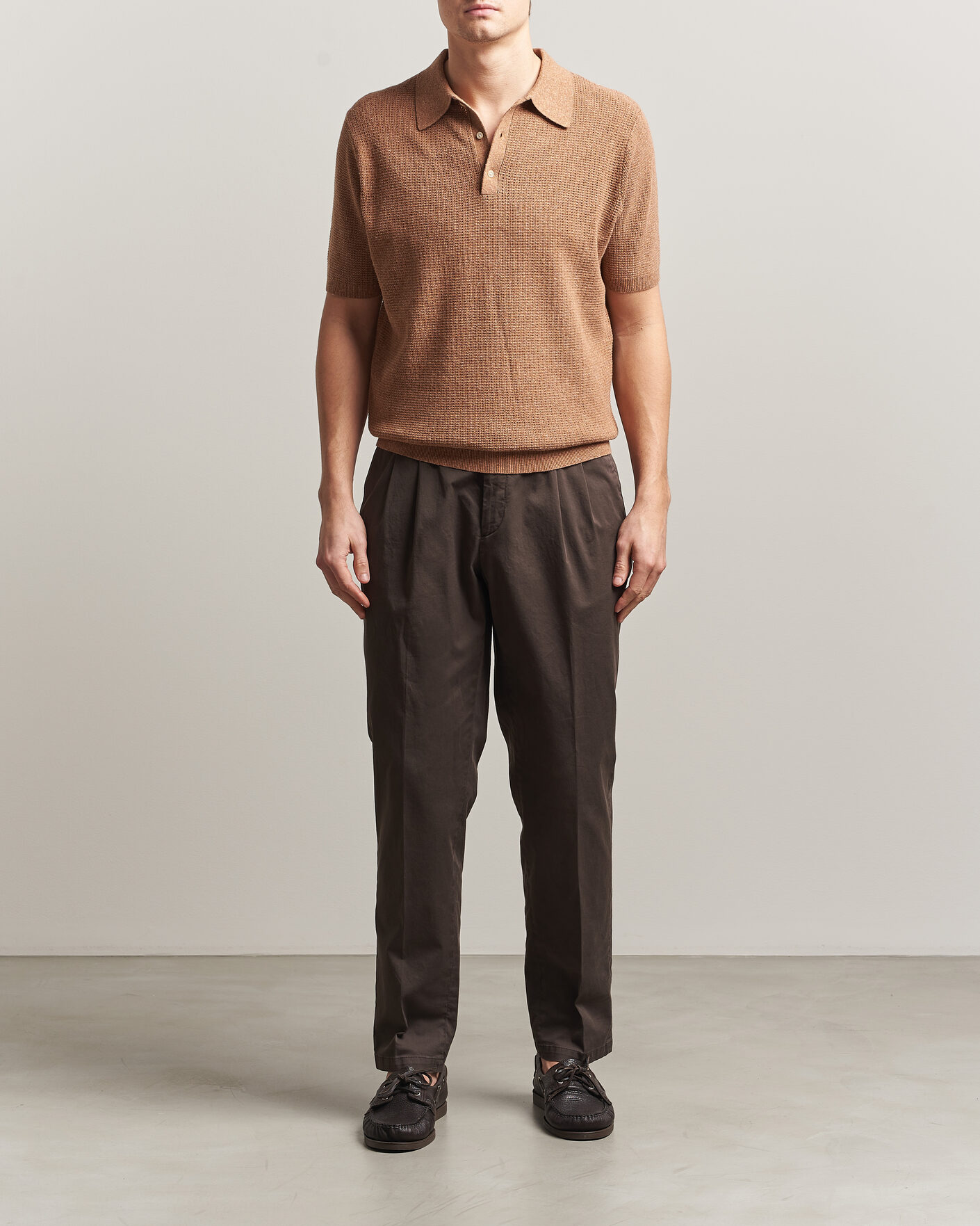 Herre | Pikéer | Stenströms | Knitted Textured Cotton/Hemp Polo Light Brown